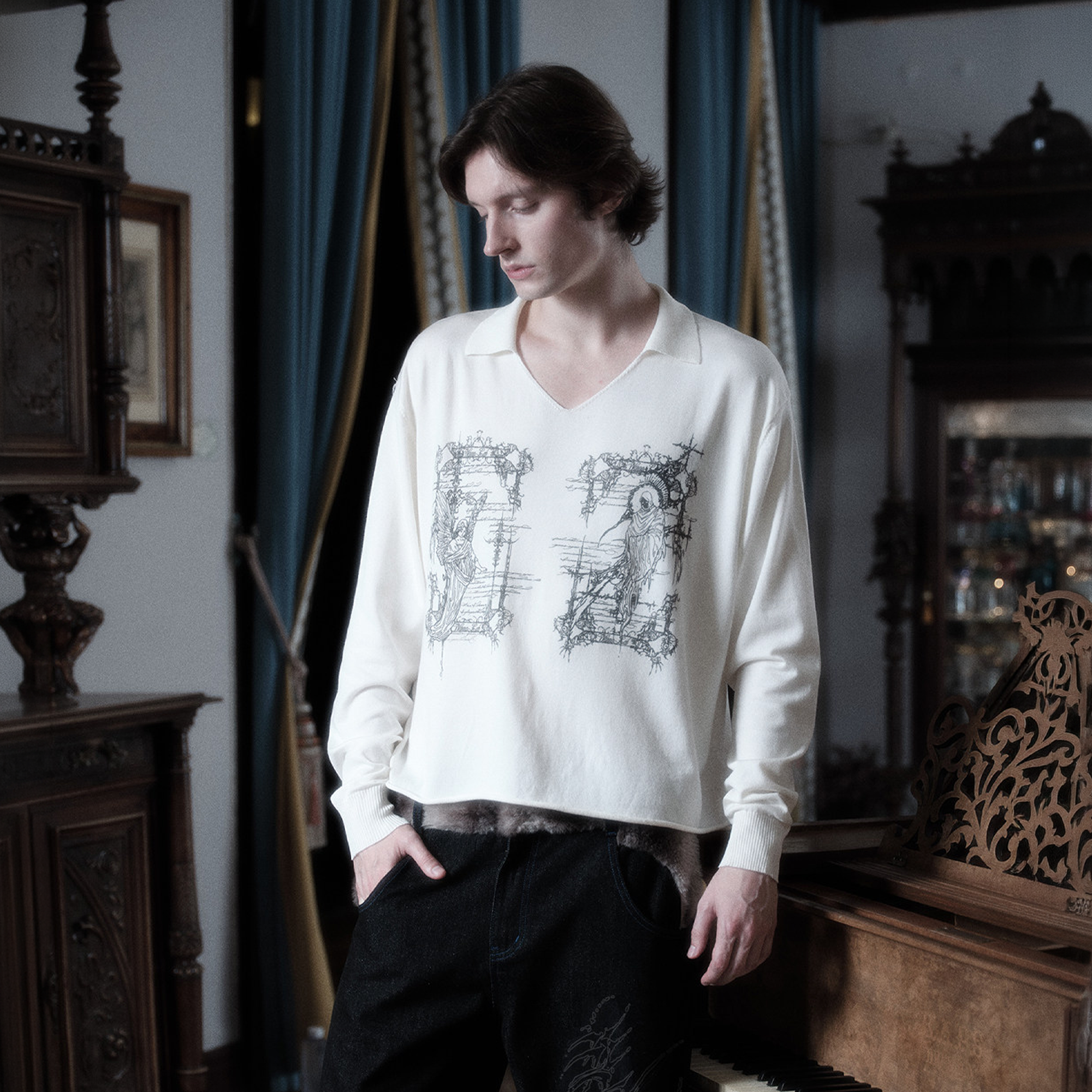 WANNA LAB Rune Graphic Long-Sleeve Polo Tee