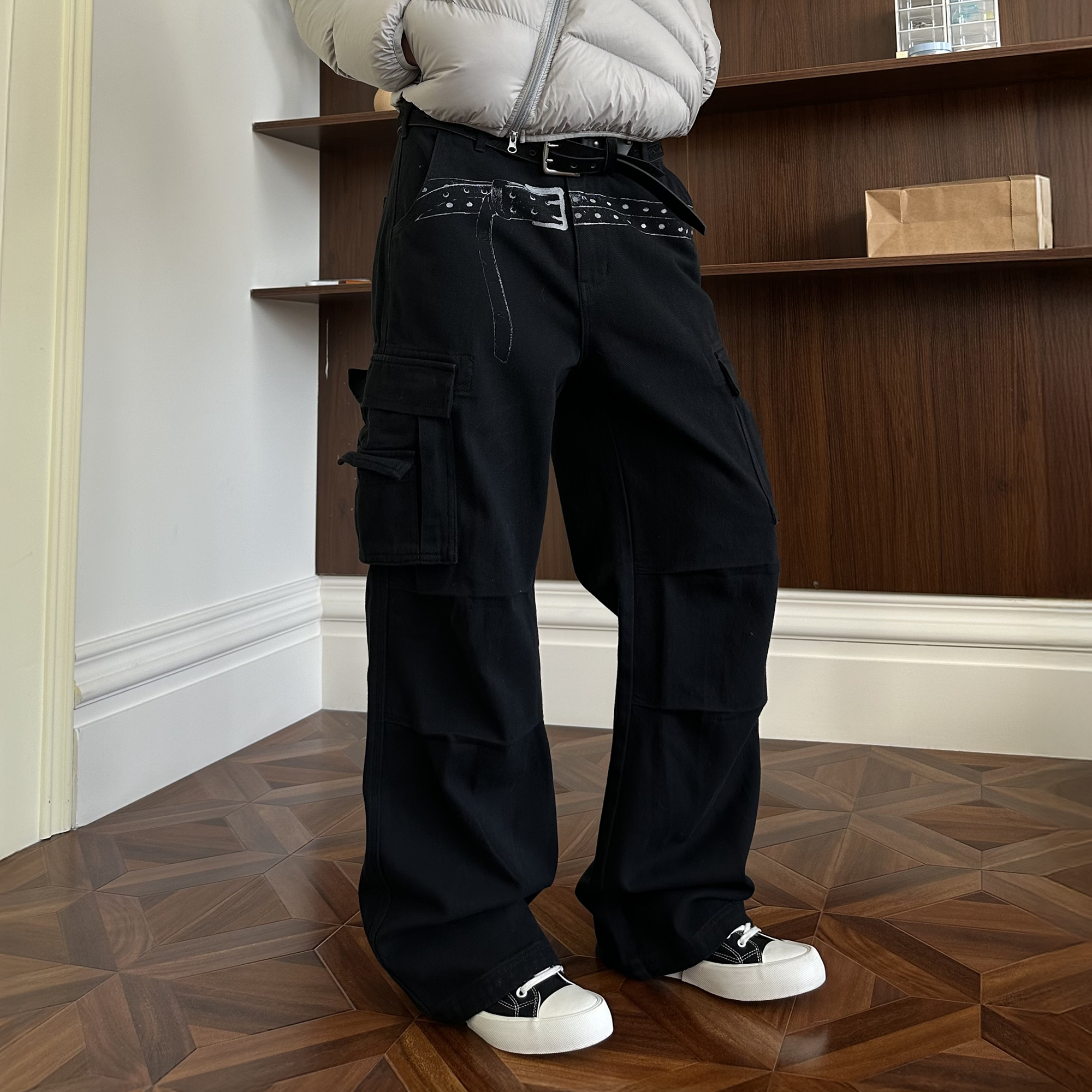 KREATE Washed Belt Graphic Crinkled Cargo Pants