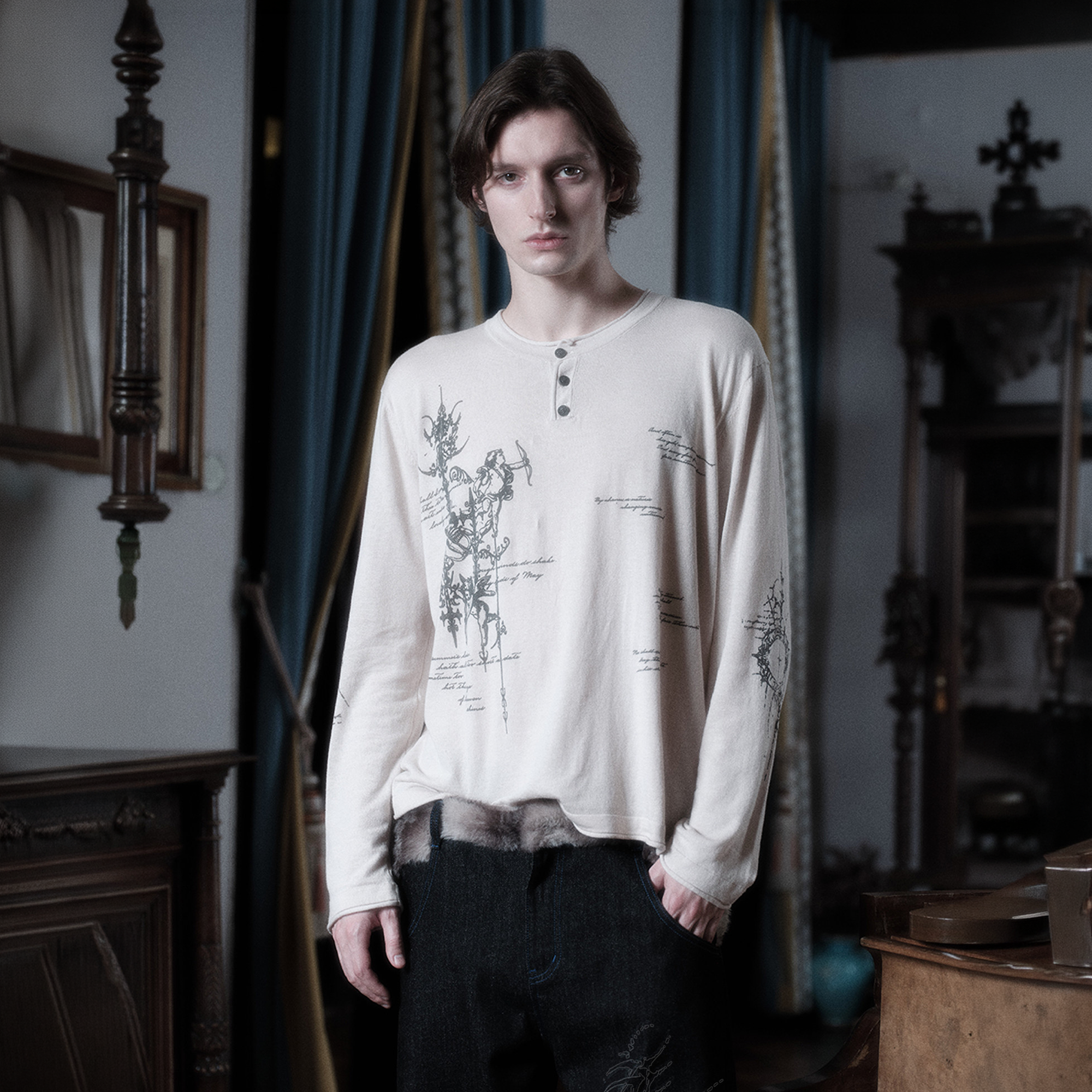 WANNA LAB Graphic Henley Long-Sleeve Tee