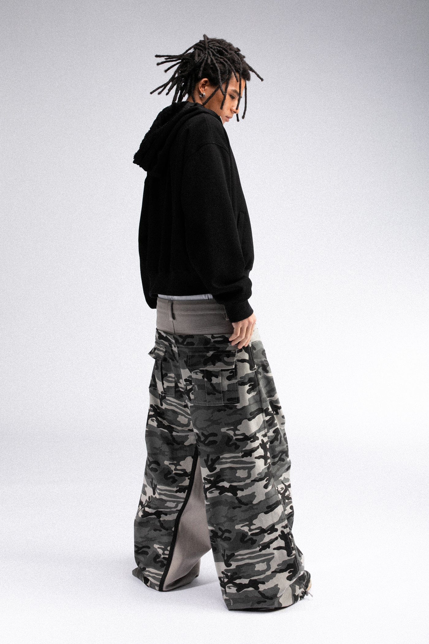 FIVEKOH Double-Waist Spliced Camo Wide-Leg Pants