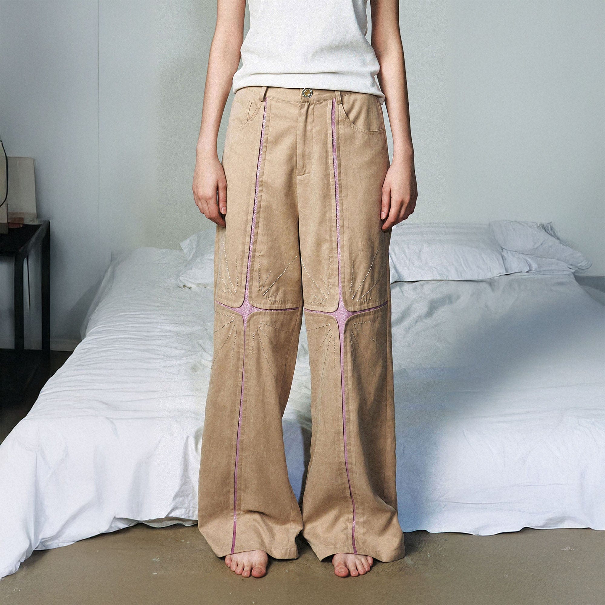 OIPWORD Middle Radiant Star Panel Wide-Leg Pants, premium urban and streetwear designers apparel on PROJECTISR.com, OIPWORD