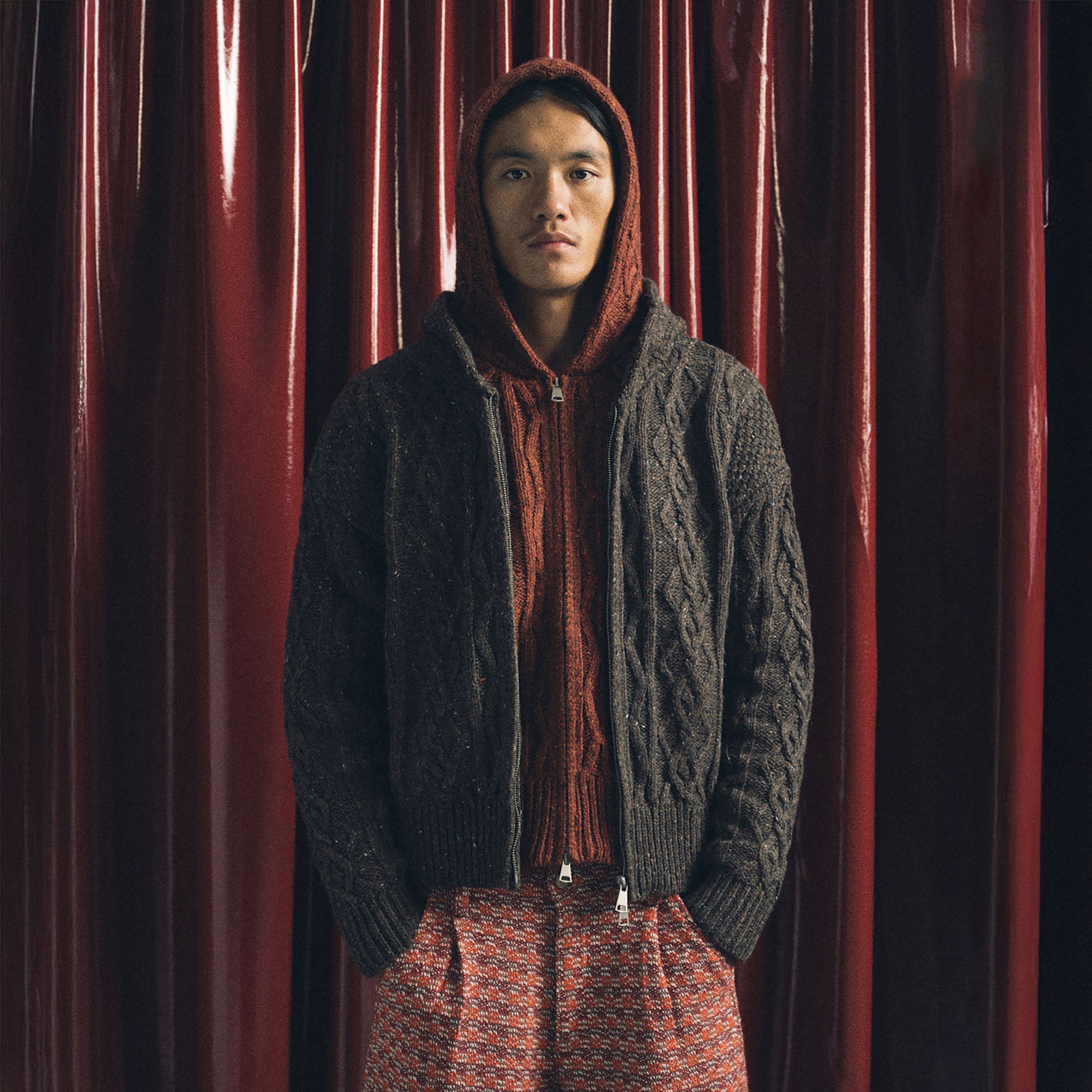 TRECLUB Nep Yarn Cable-Knit Zip-Up Hooded Cardigan