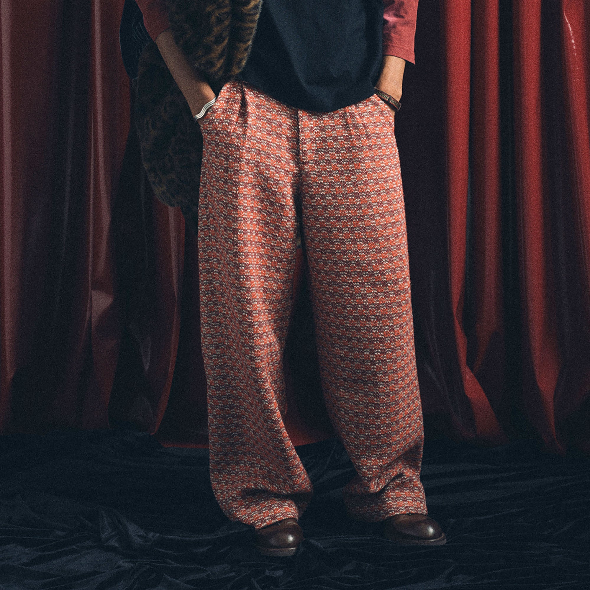 TRECLUB Tweed PU Pocket Straight-Leg Pants