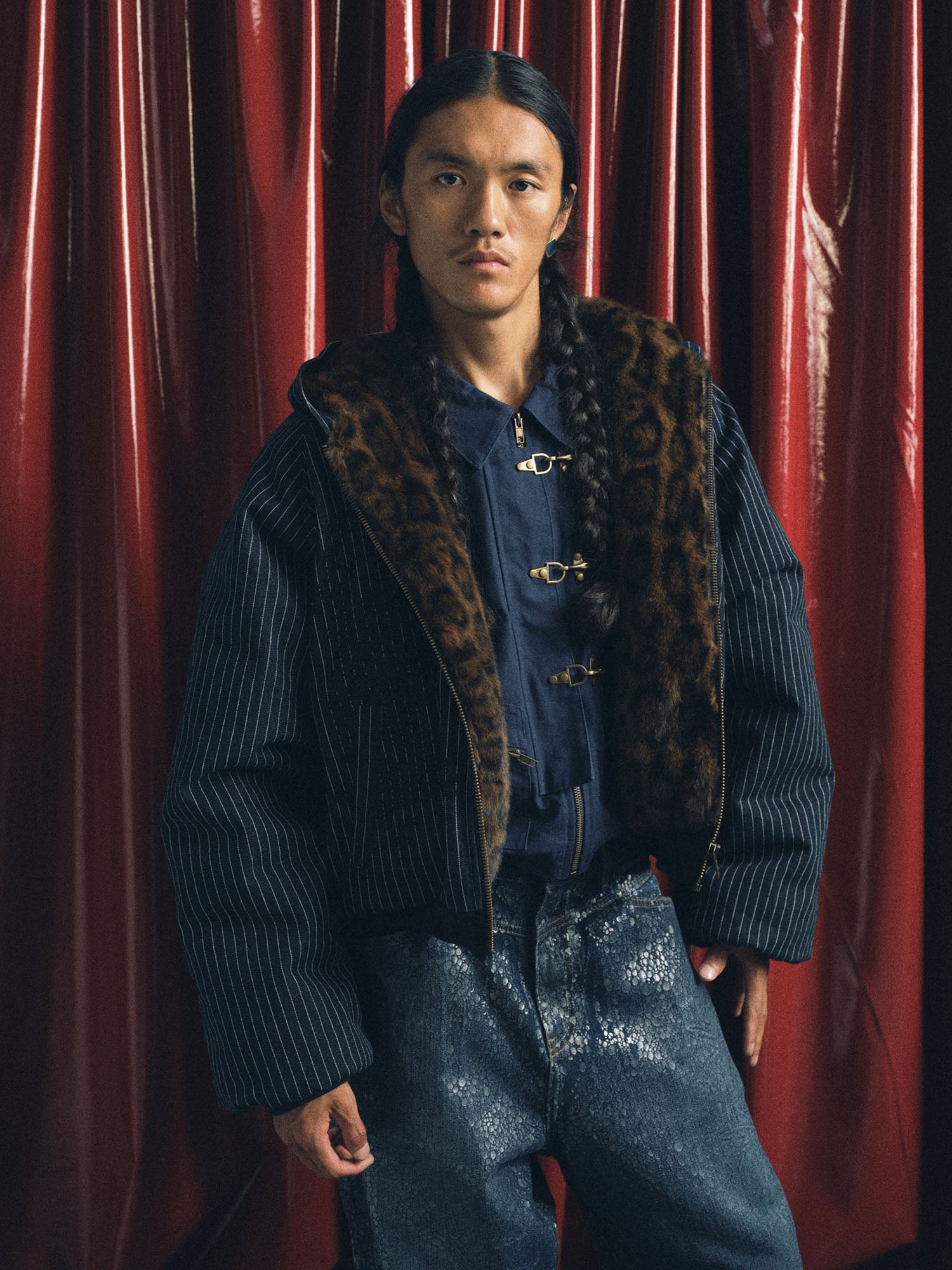 TRECLUB Leopard Lining Striped Bomber Jacket