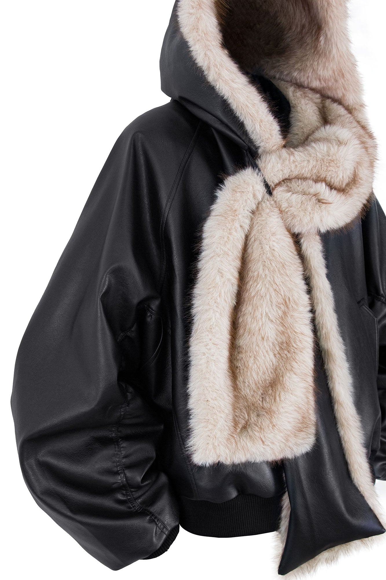 RELABEL Detachable Plush Scarf Ruched Hooded Jacket Black, premium urban and streetwear designers apparel on PROJECTISR.com, RELABEL