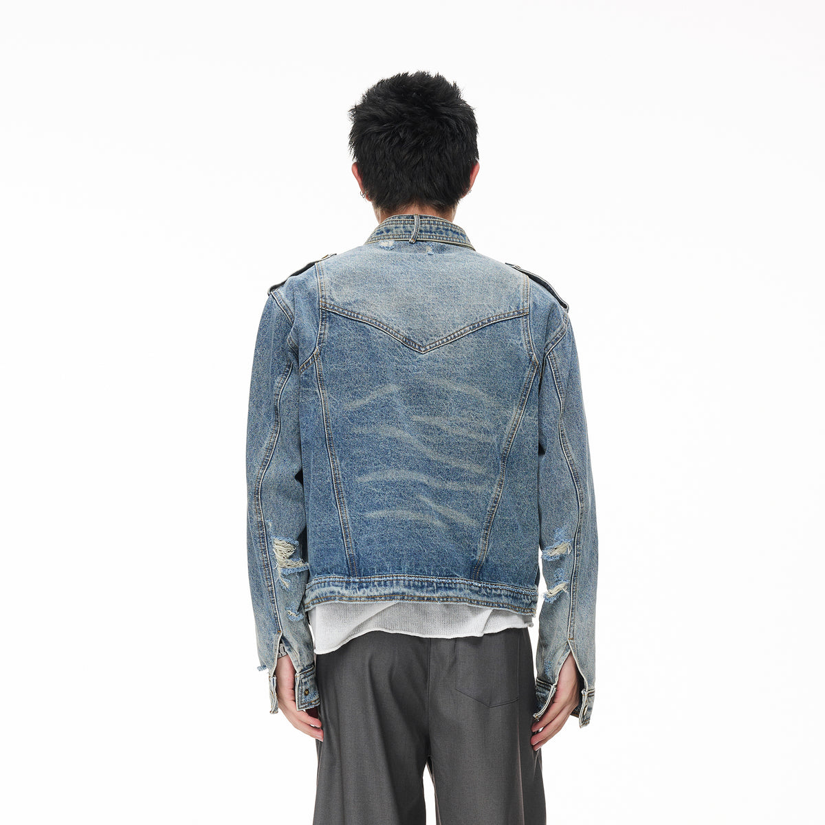 BOTANIC Washed Distressed Denim Biker Jacket