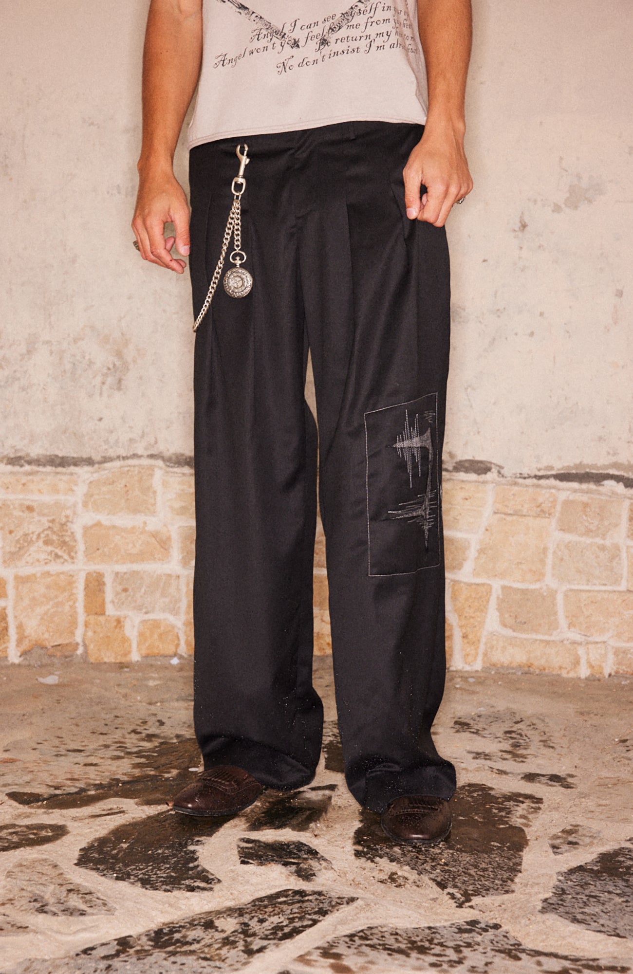 RICHILL Abstract Stitch Patch Wide-Leg Wool Trousers, premium urban and streetwear designers apparel on PROJECTISR.com, RICHILL