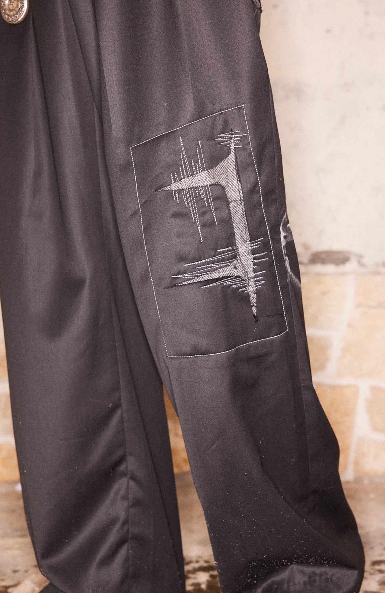 RICHILL Abstract Stitch Patch Wide-Leg Wool Trousers, premium urban and streetwear designers apparel on PROJECTISR.com, RICHILL