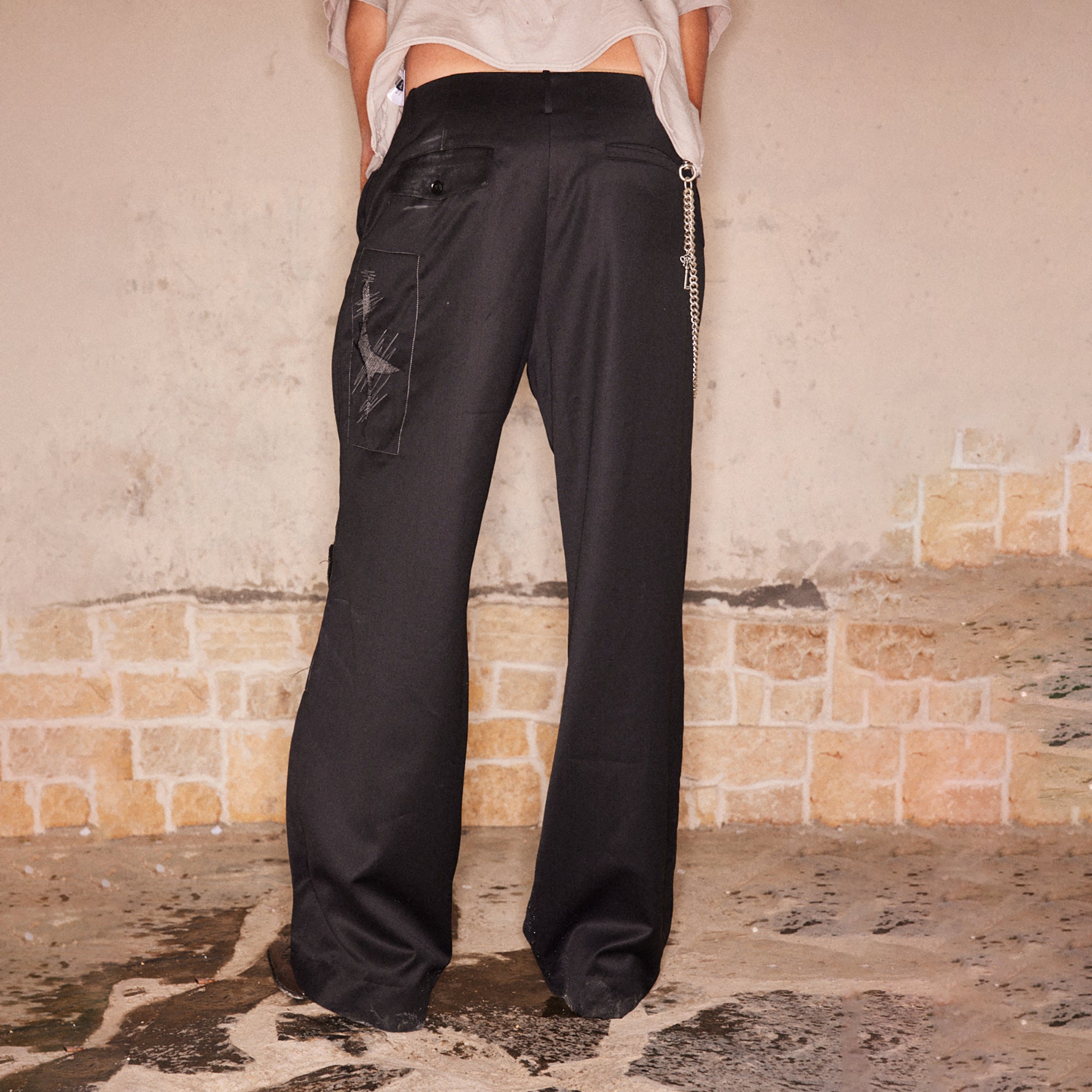 RICHILL Abstract Stitch Patch Wide-Leg Wool Trousers, premium urban and streetwear designers apparel on PROJECTISR.com, RICHILL