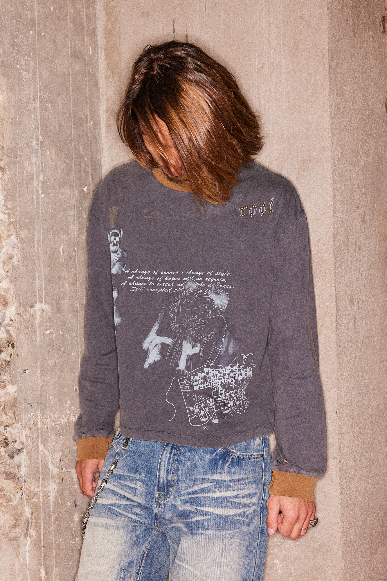 RICHILL Studded Washed Graphic Long-Sleeve Tee, premium urban and streetwear designers apparel on PROJECTISR.com, RICHILL