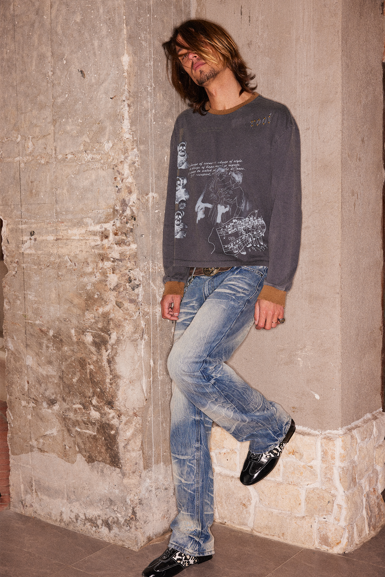 RICHILL Studded Washed Graphic Long-Sleeve Tee, premium urban and streetwear designers apparel on PROJECTISR.com, RICHILL