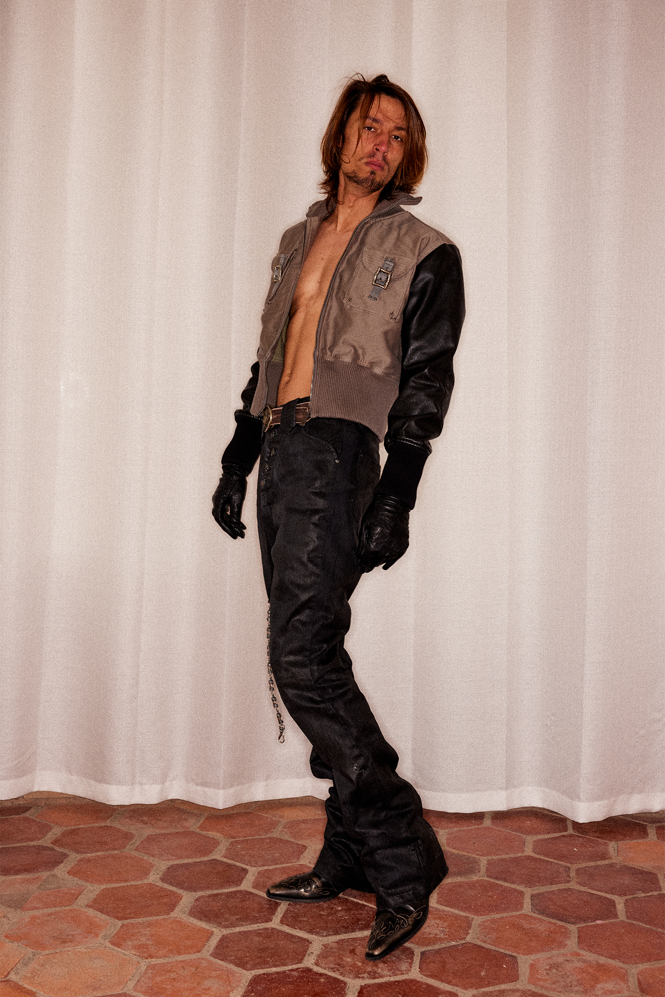 RICHILL Faux Leather Sleeve Rib-Knit Stand-Collar Jacket, premium urban and streetwear designers apparel on PROJECTISR.com, RICHILL