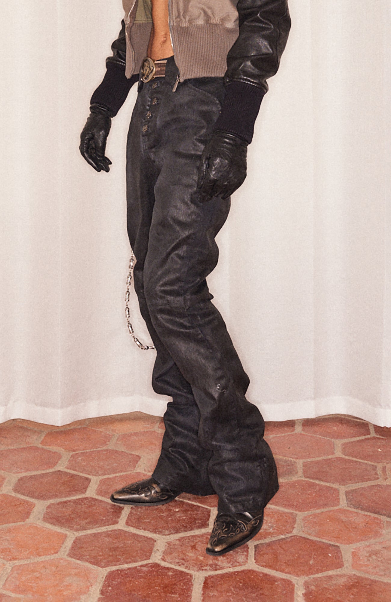 RICHILL Cracked Coated Flared Denim Pants, premium urban and streetwear designers apparel on PROJECTISR.com, RICHILL