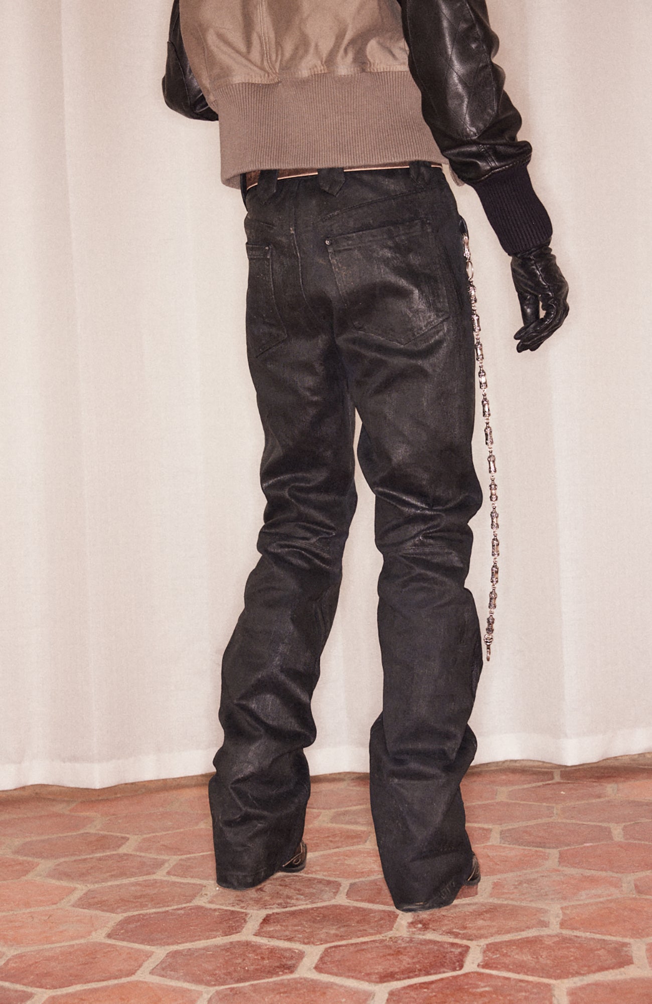 RICHILL Cracked Coated Flared Denim Pants, premium urban and streetwear designers apparel on PROJECTISR.com, RICHILL