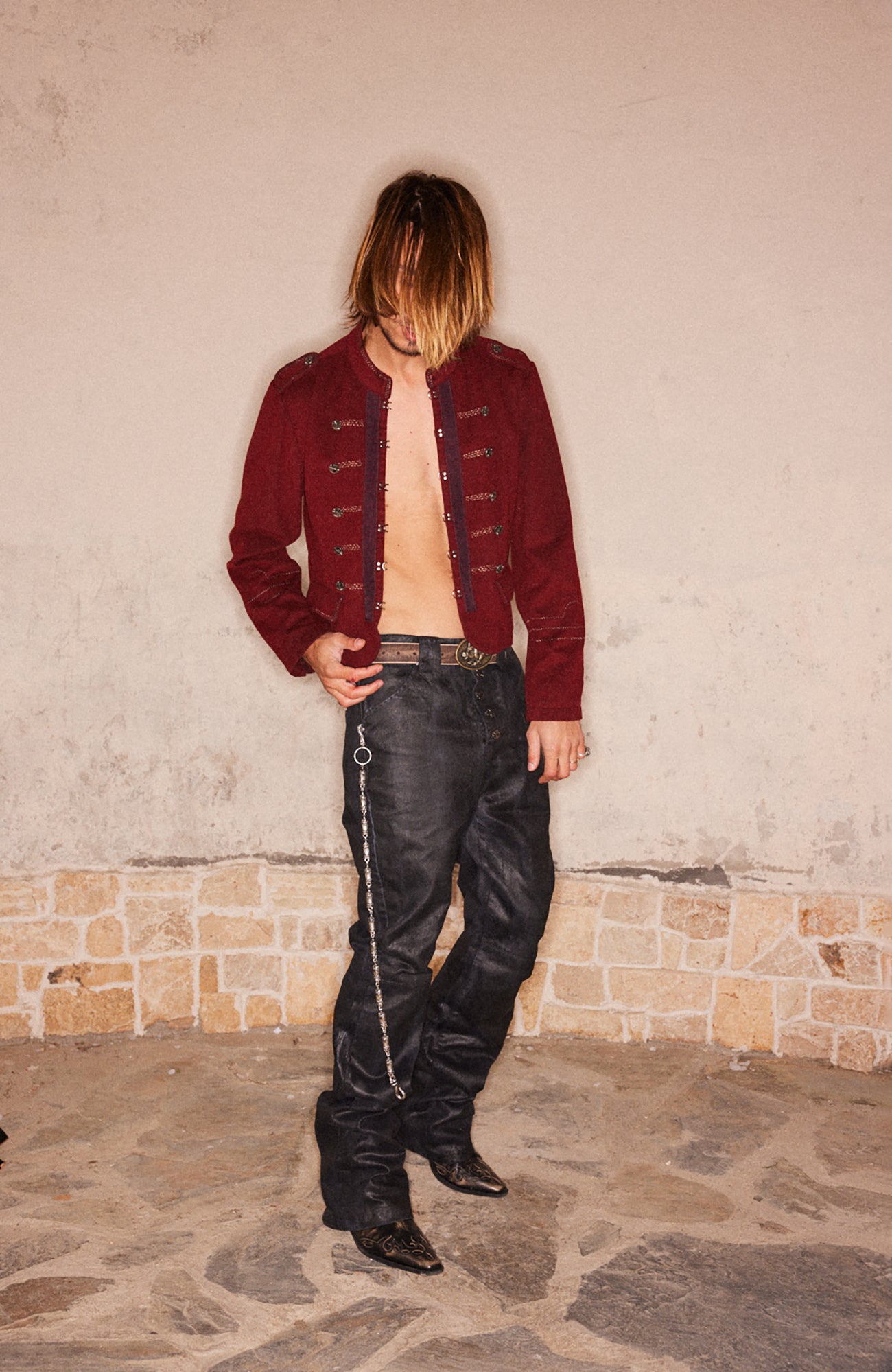 RICHILL Cracked Coated Flared Denim Pants, premium urban and streetwear designers apparel on PROJECTISR.com, RICHILL