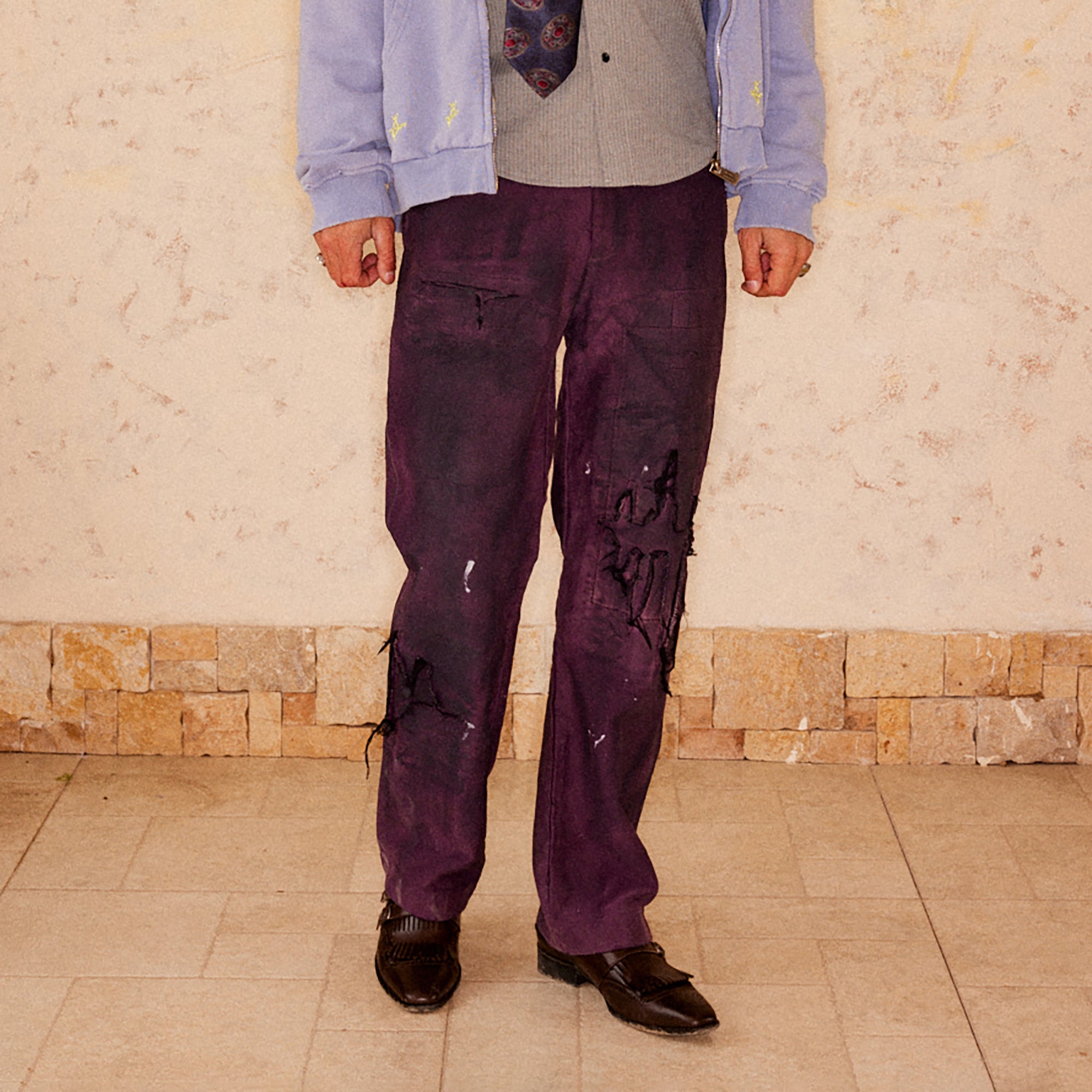 RICHILL Distressed Patchwork Moleskin Straight-Leg Pants, premium urban and streetwear designers apparel on PROJECTISR.com, RICHILL