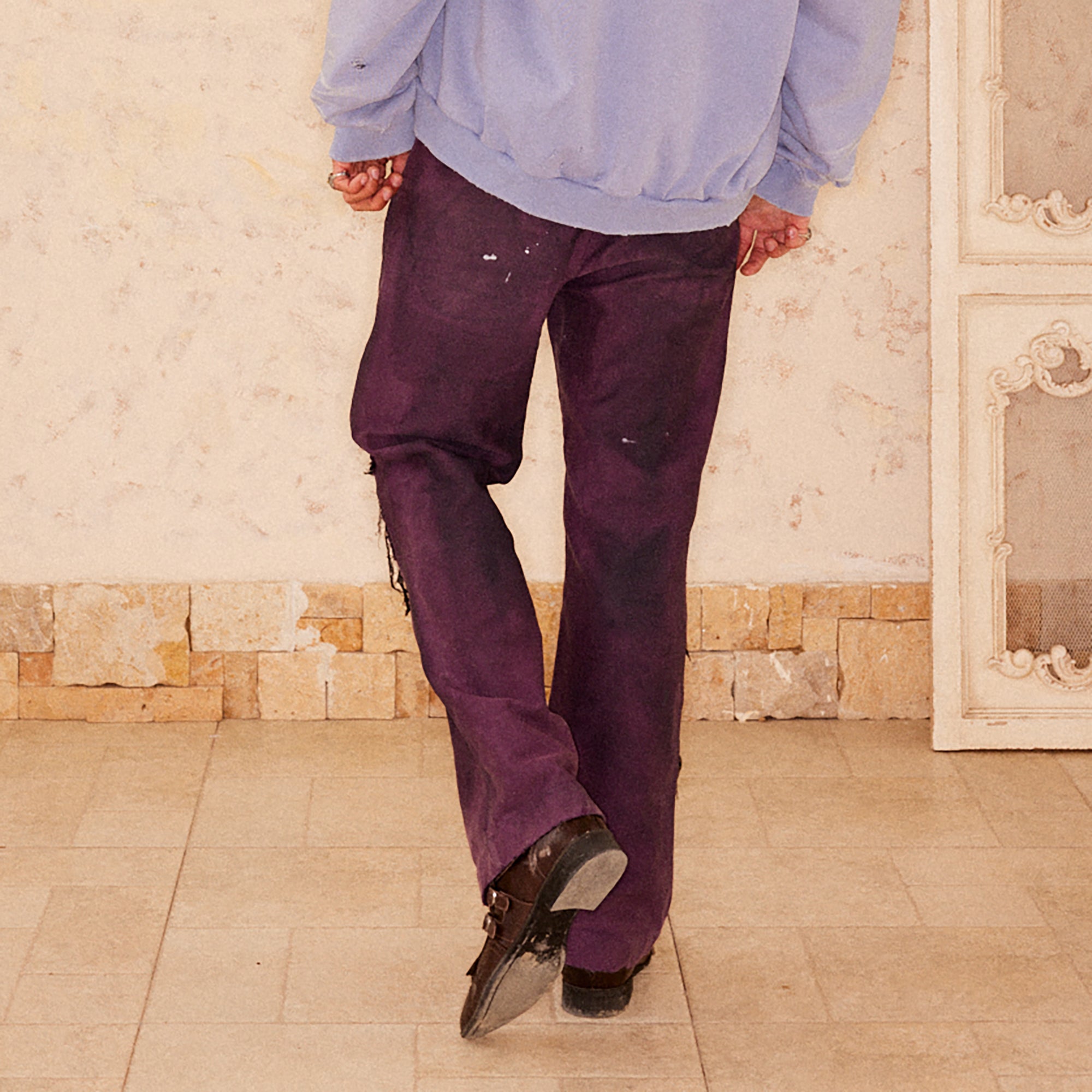 RICHILL Distressed Patchwork Moleskin Straight-Leg Pants, premium urban and streetwear designers apparel on PROJECTISR.com, RICHILL