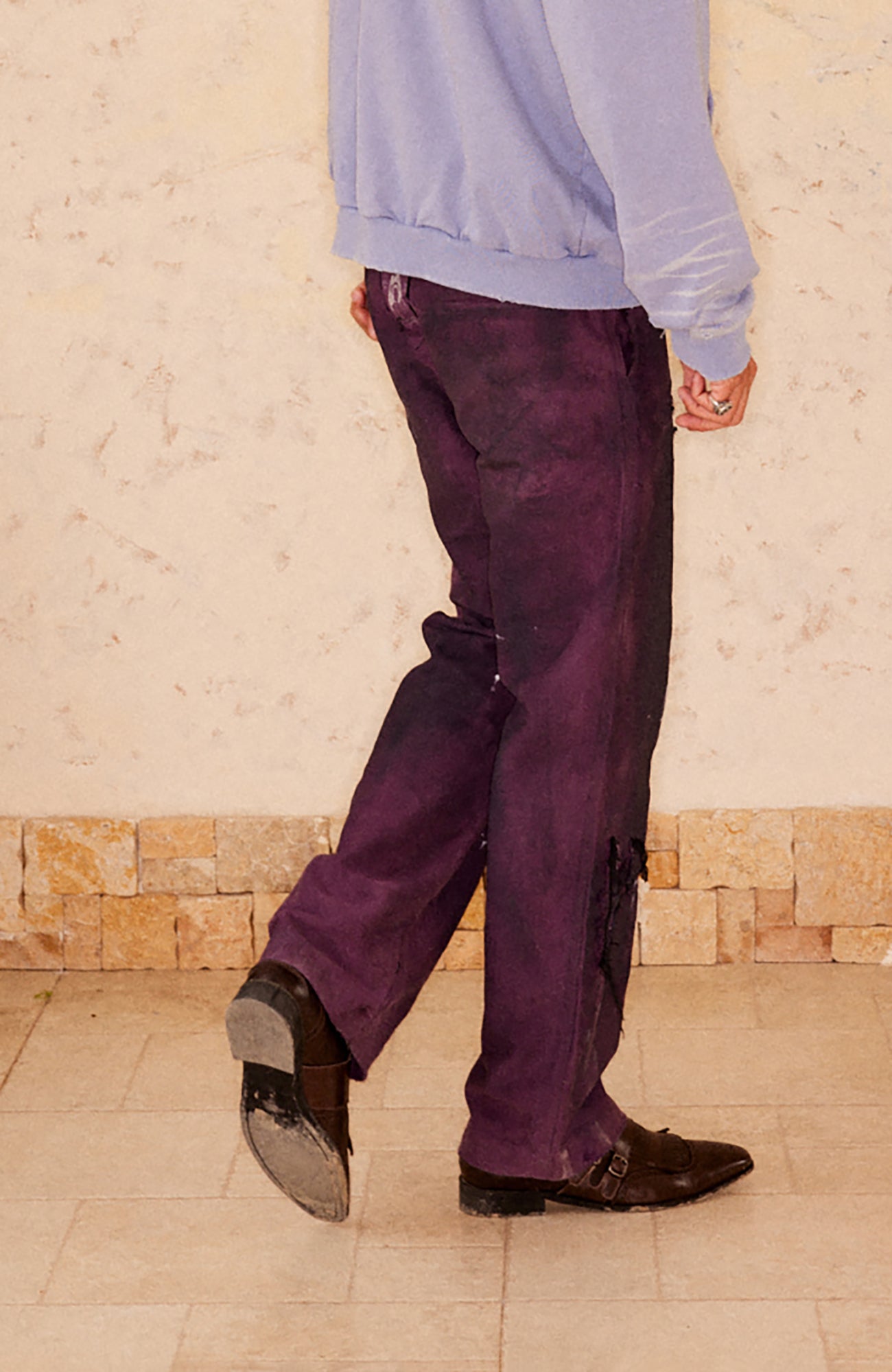 RICHILL Distressed Patchwork Moleskin Straight-Leg Pants, premium urban and streetwear designers apparel on PROJECTISR.com, RICHILL