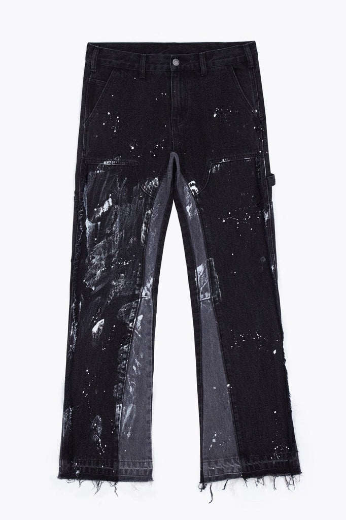 BONELESS Raw-Edge Spliced Paint Splatter Flared Jeans, premium urban and streetwear designers apparel on PROJECTISR.com, BONELESS