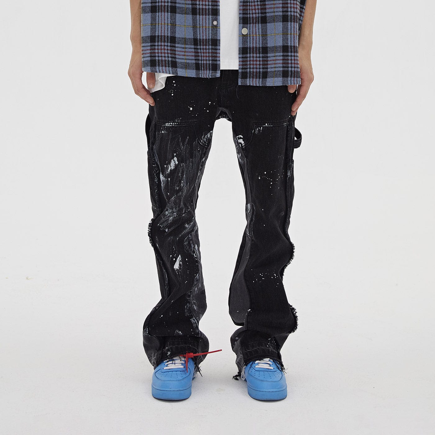 BONELESS Raw-Edge Spliced Paint Splatter Flared Jeans, premium urban and streetwear designers apparel on PROJECTISR.com, BONELESS