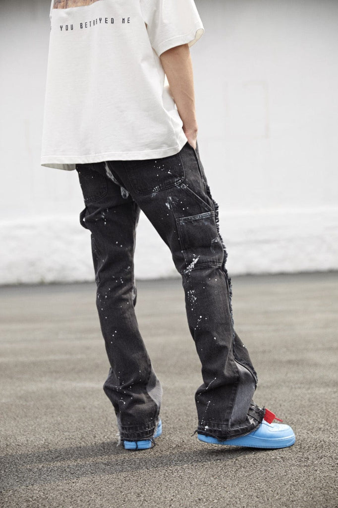BONELESS Raw-Edge Spliced Paint Splatter Flared Jeans, premium urban and streetwear designers apparel on PROJECTISR.com, BONELESS