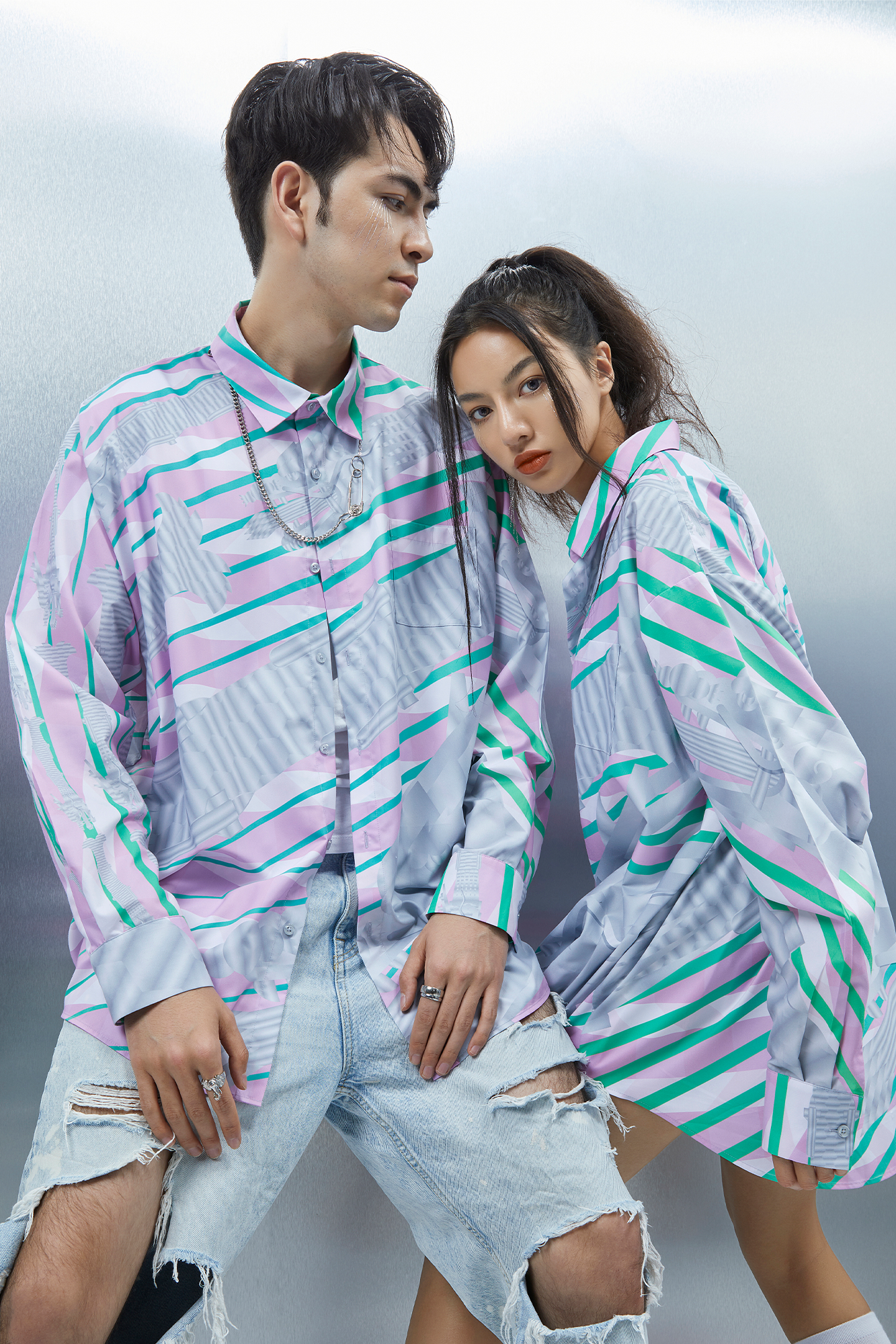 MASH UP ASIA Abstract Stripe Oversized Shirt, premium urban and streetwear designers apparel on PROJECTISR.com, MASH UP ASIA