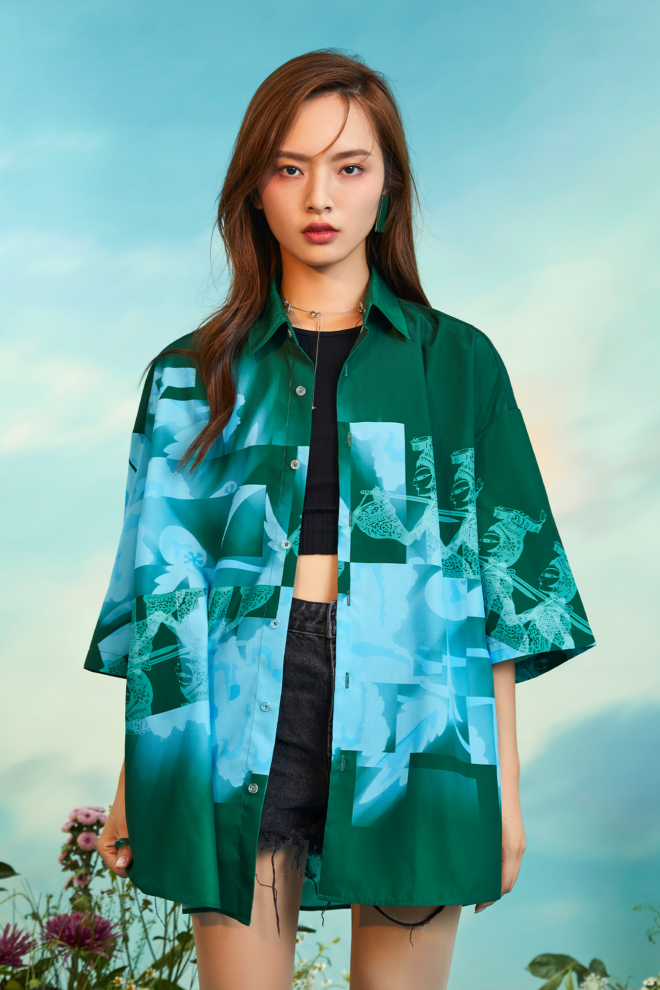 MASH UP ASIA Poppy Full-Print Half Shirt, premium urban and streetwear designers apparel on PROJECTISR.com, MASH UP ASIA