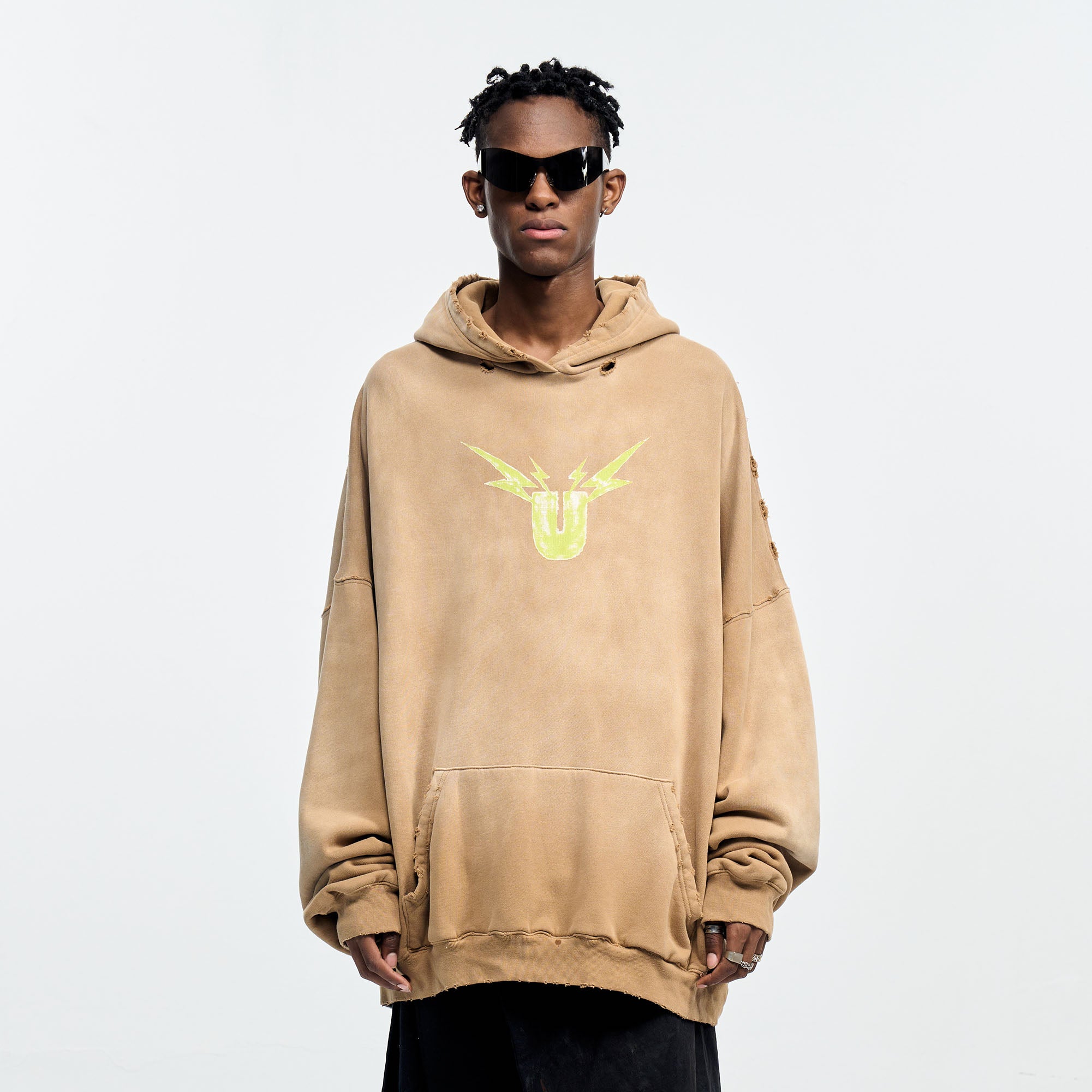 ULIPERY Distressed Gradient Oversized Hoodie Brown