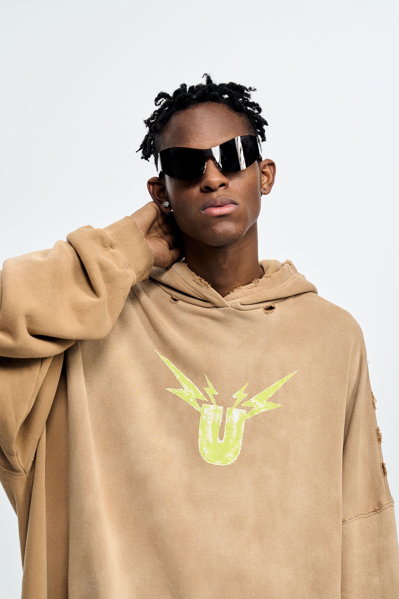 ULIPERY Distressed Gradient Oversized Hoodie Brown