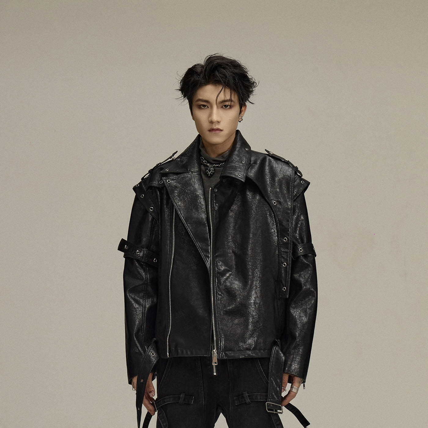 FLYERRER Asymmetrical Hoop-Hole Faux Leather Jacket