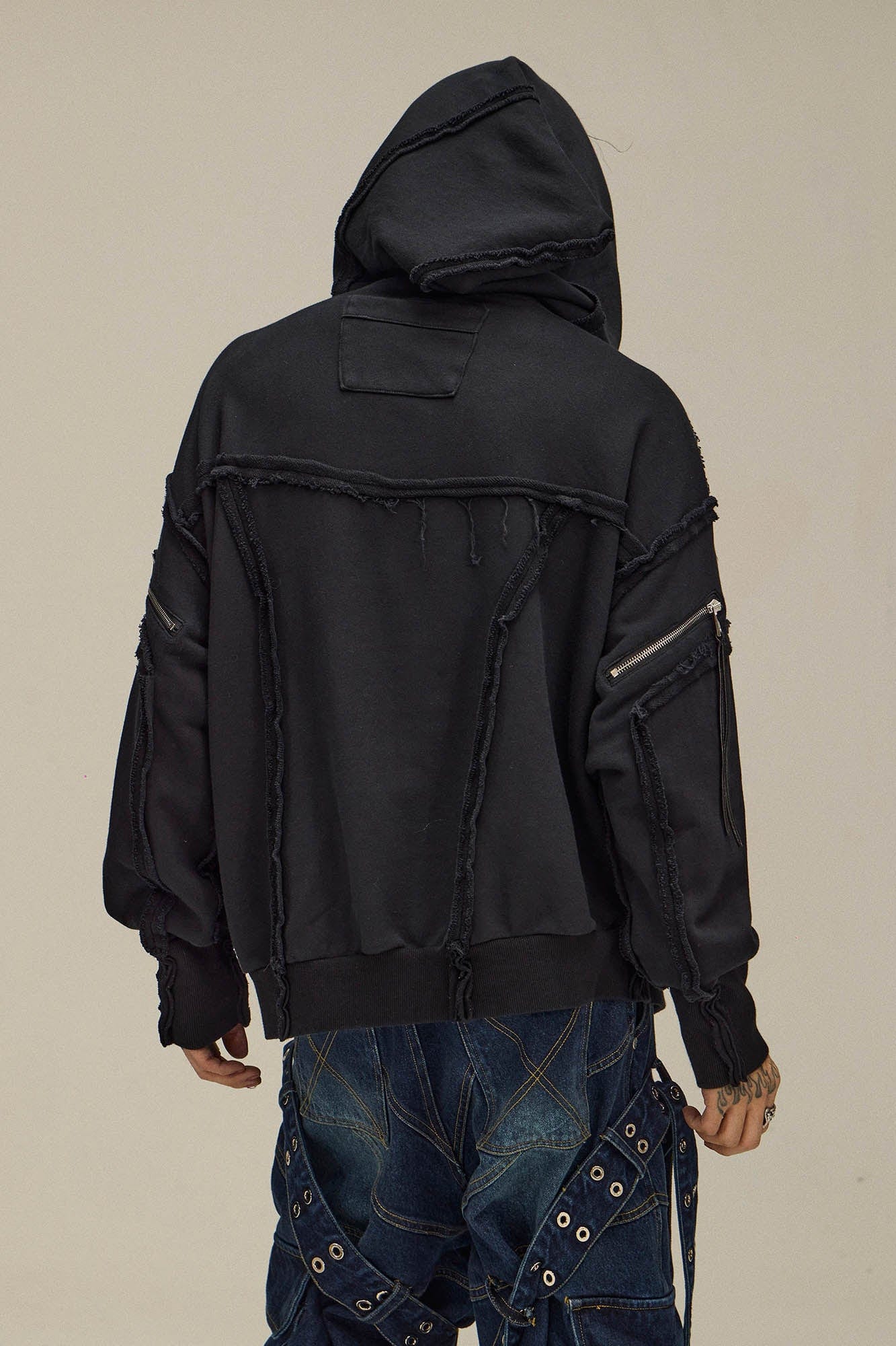 FLYERRER Asymmetrical Zip-up Frayed Hoodie