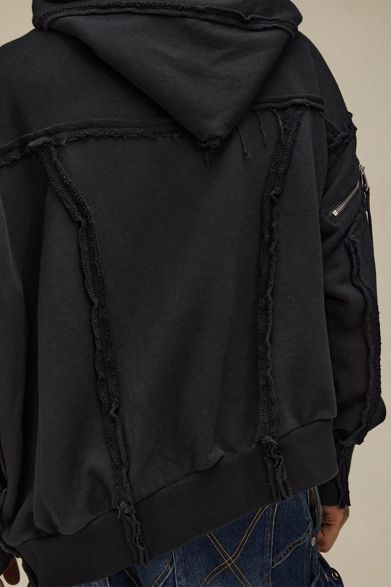 FLYERRER Asymmetrical Zip-up Frayed Hoodie