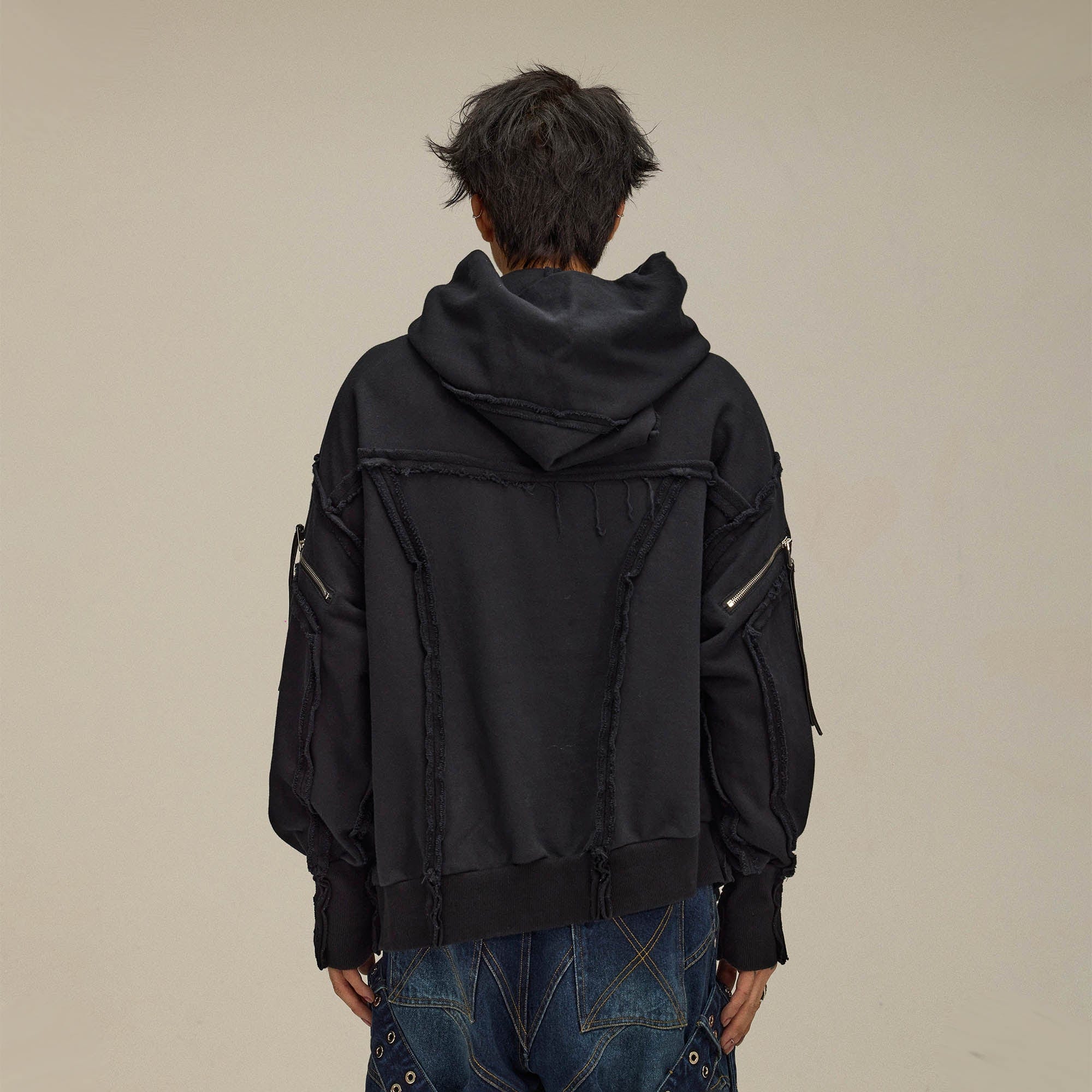 FLYERRER Asymmetrical Zip-up Frayed Hoodie