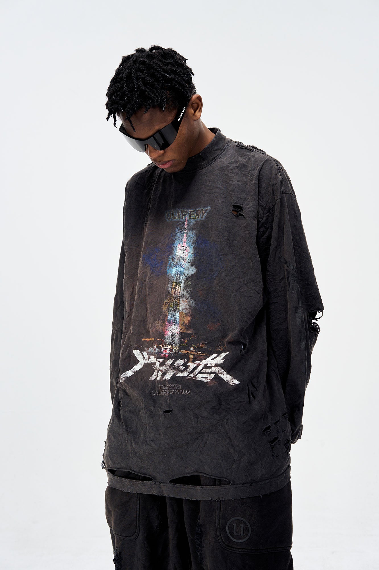 ULIPERY Distressed Glow Crinkled Long Sleeve Tee, premium urban and streetwear designers apparel on PROJECTISR.com, ULIPERY