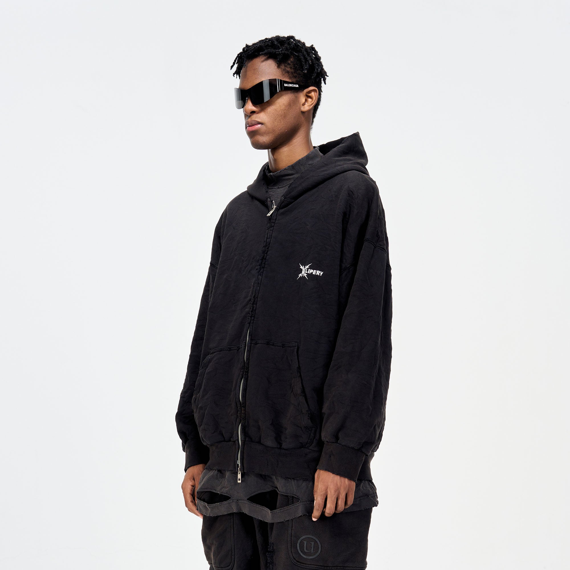 ULIPERY Distressed Crinkled Hooded Jacket