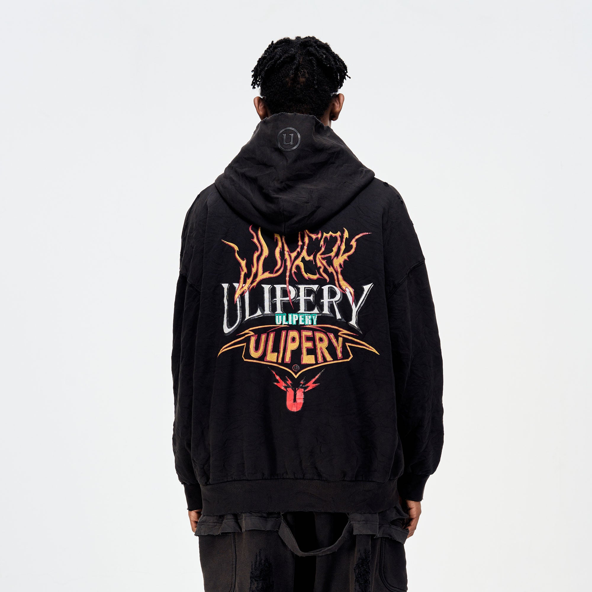 ULIPERY Distressed Crinkled Hooded Jacket