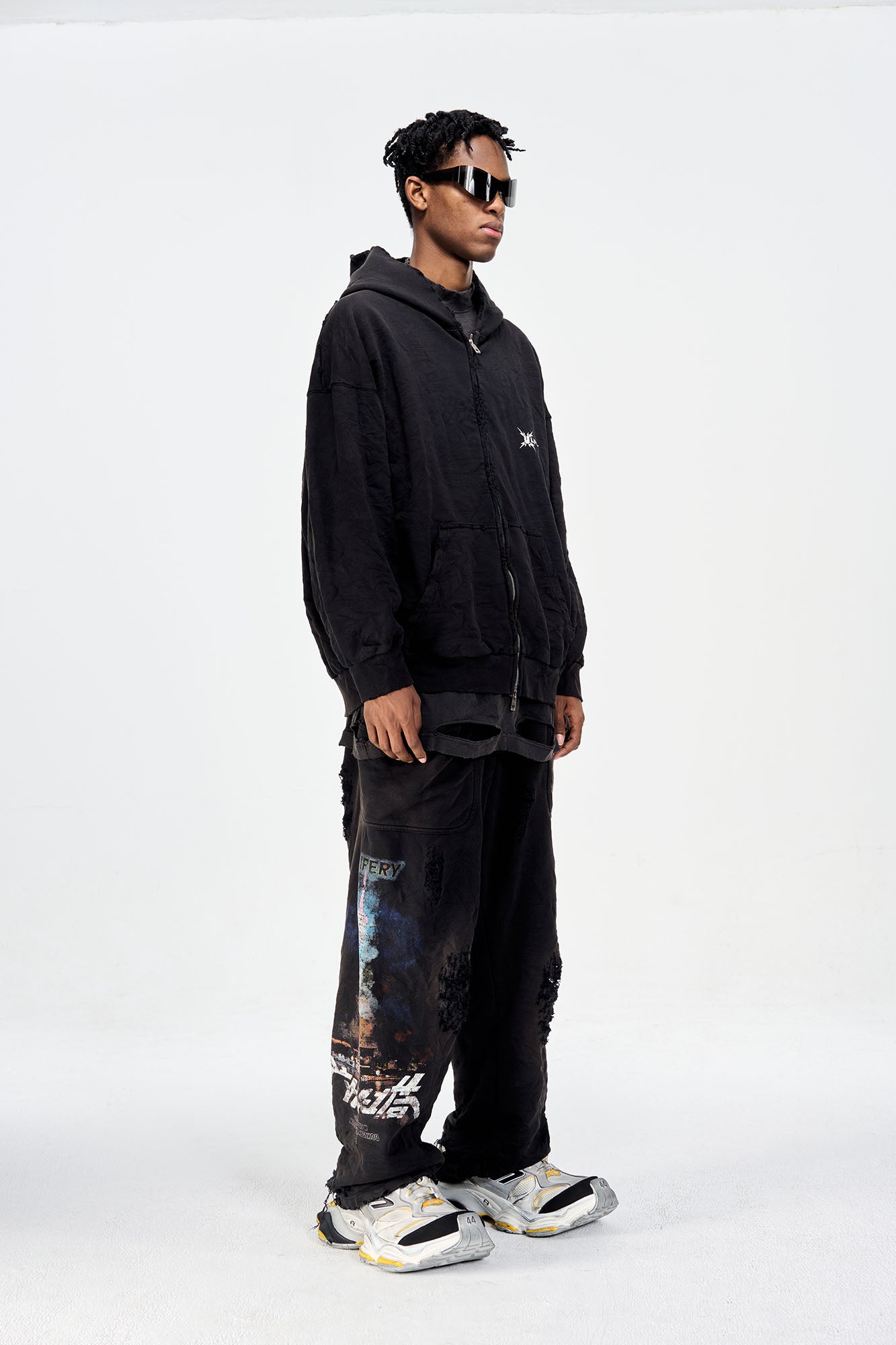 ULIPERY Distressed Crinkled Hooded Jacket