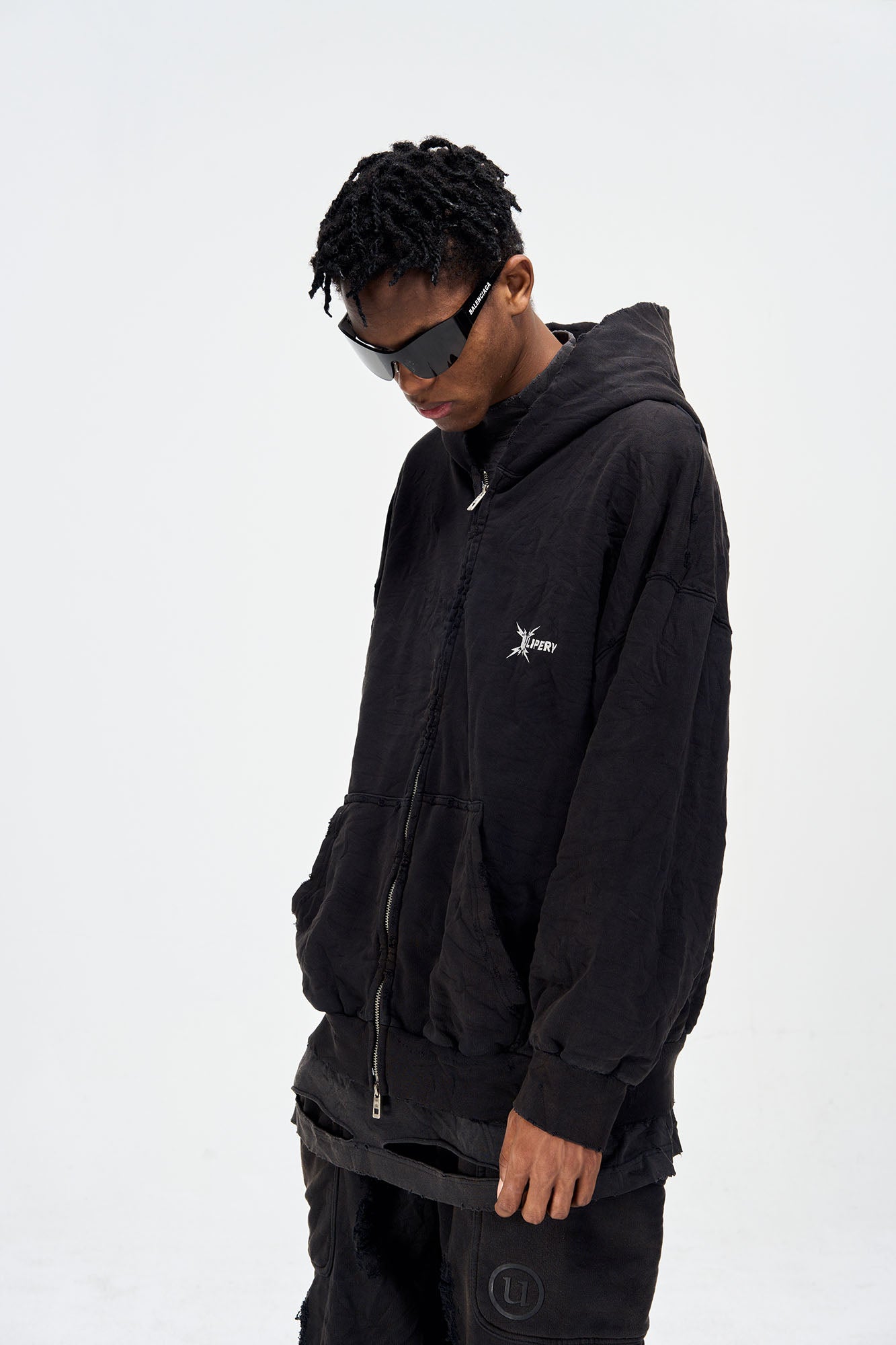ULIPERY Distressed Crinkled Hooded Jacket