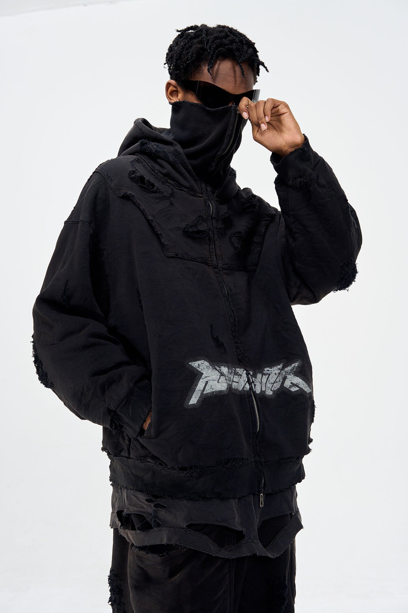 ULIPERY Distressed Glow Face-Cover Hooded Jacket