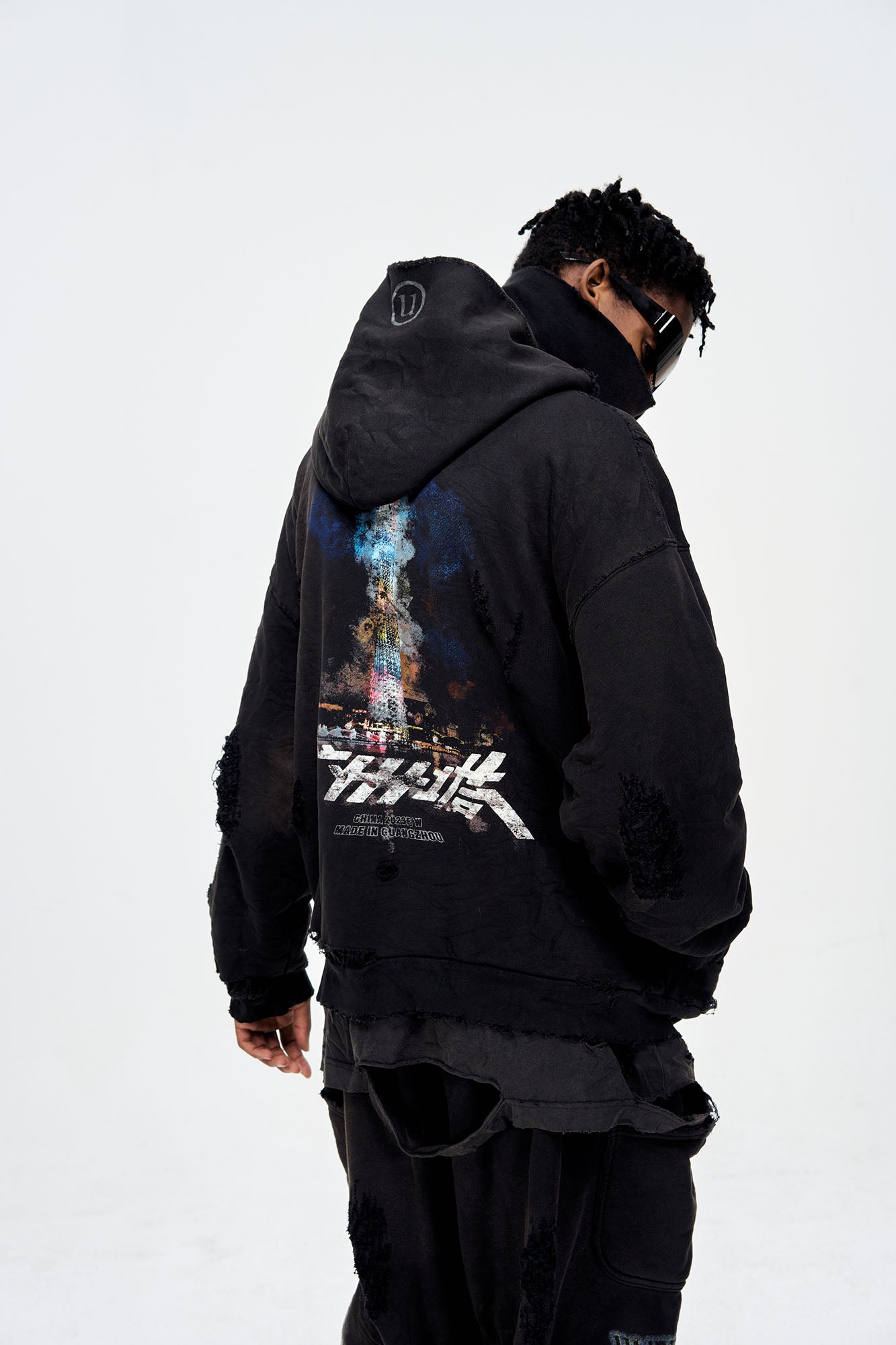 ULIPERY Distressed Glow Face-Cover Hooded Jacket