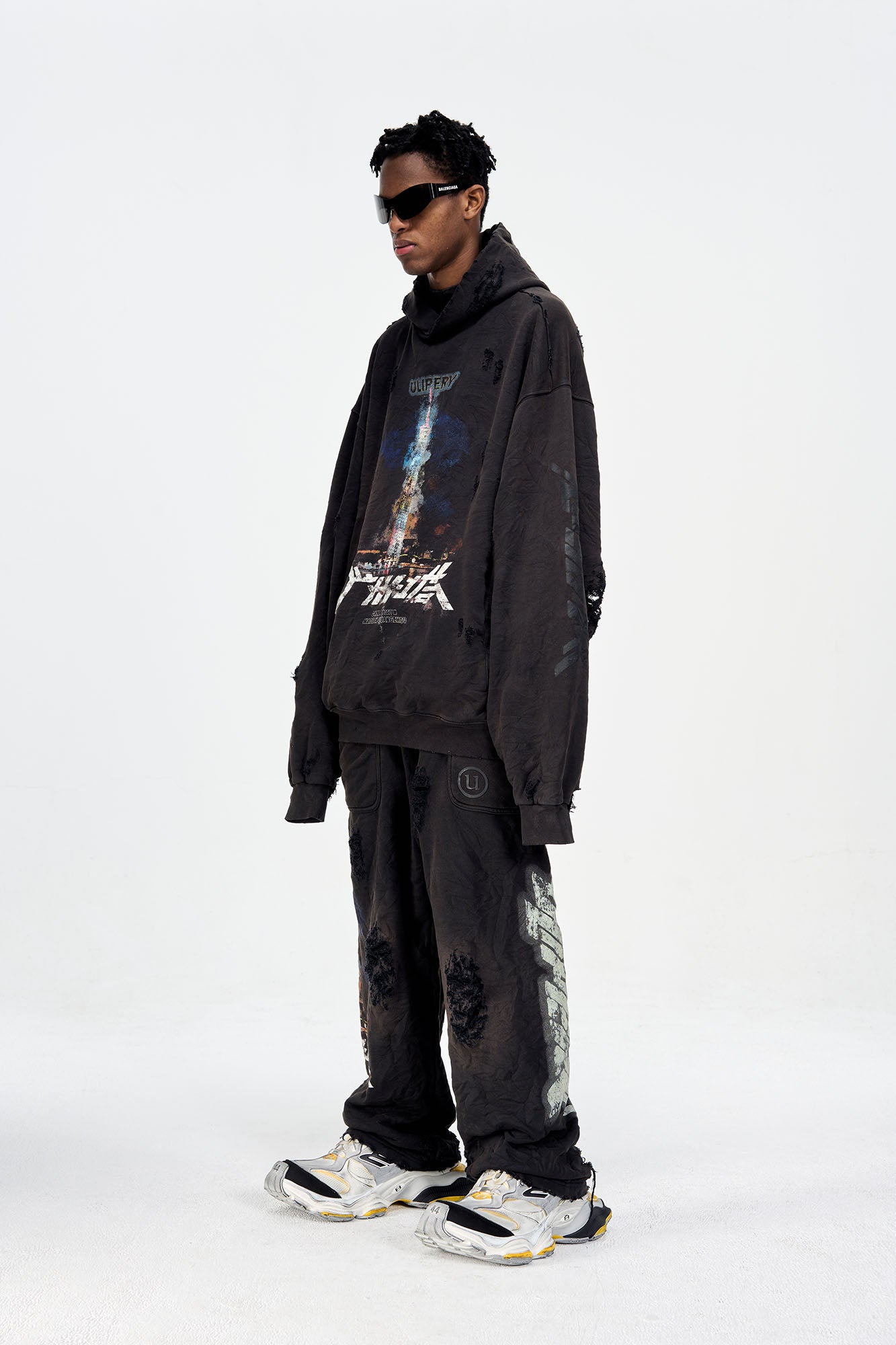 ULIPERY Distressed Glow Crinkled Hoodie