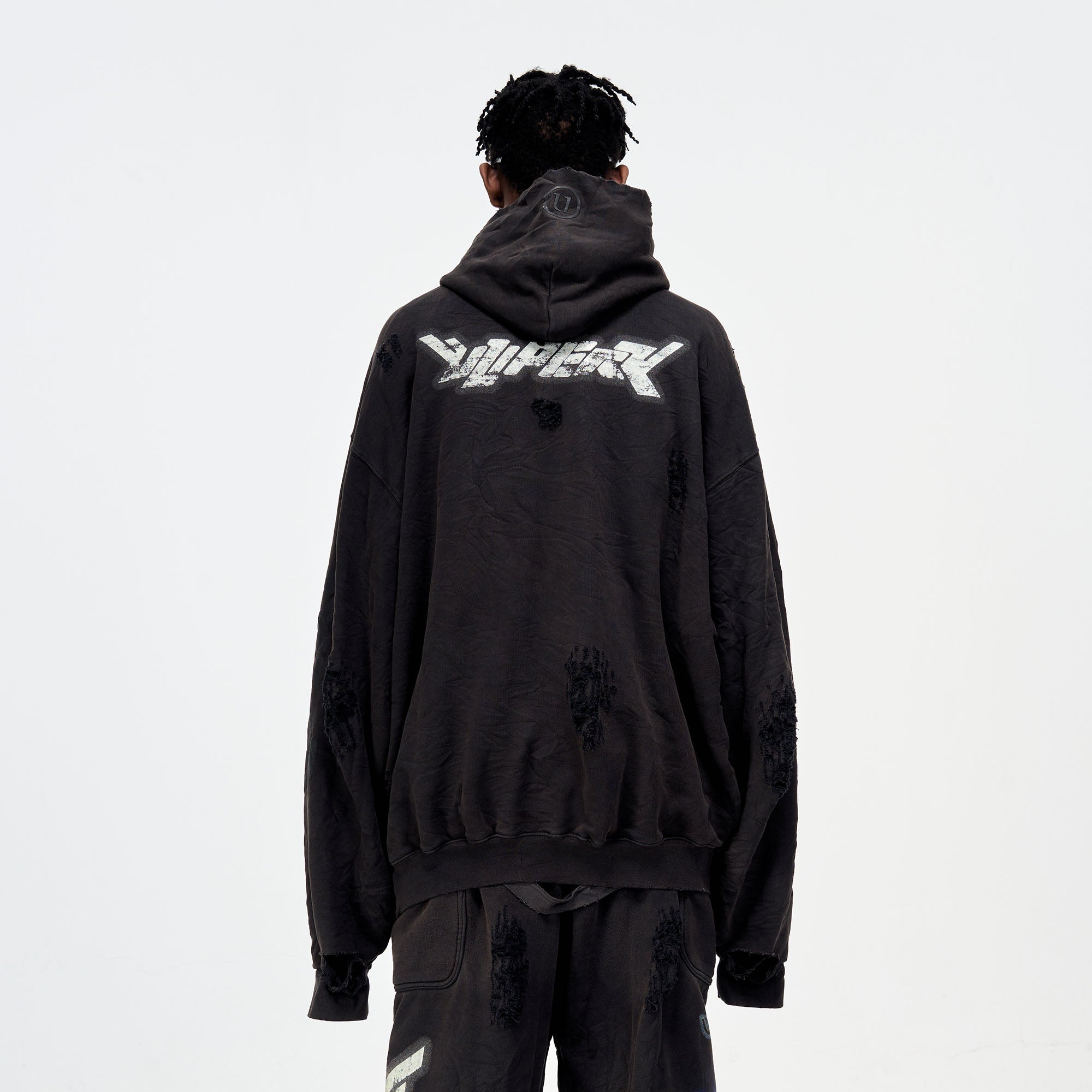 ULIPERY Distressed Glow Crinkled Hoodie