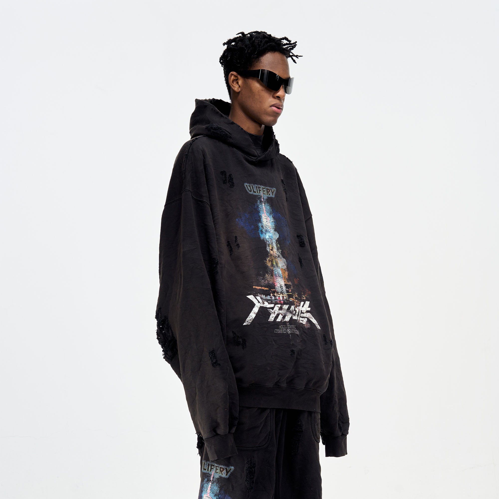 ULIPERY Distressed Glow Crinkled Hoodie