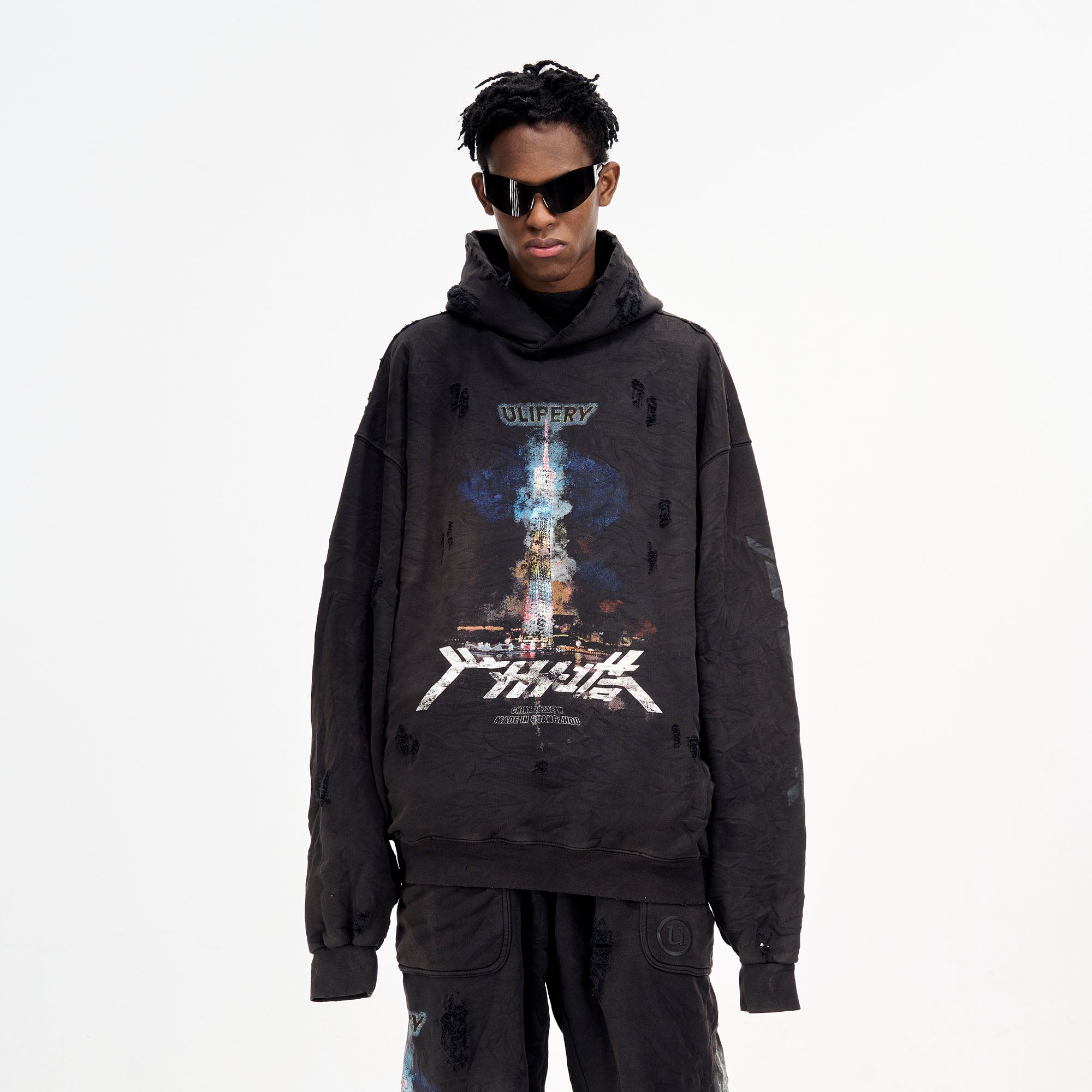 ULIPERY Distressed Glow Crinkled Hoodie