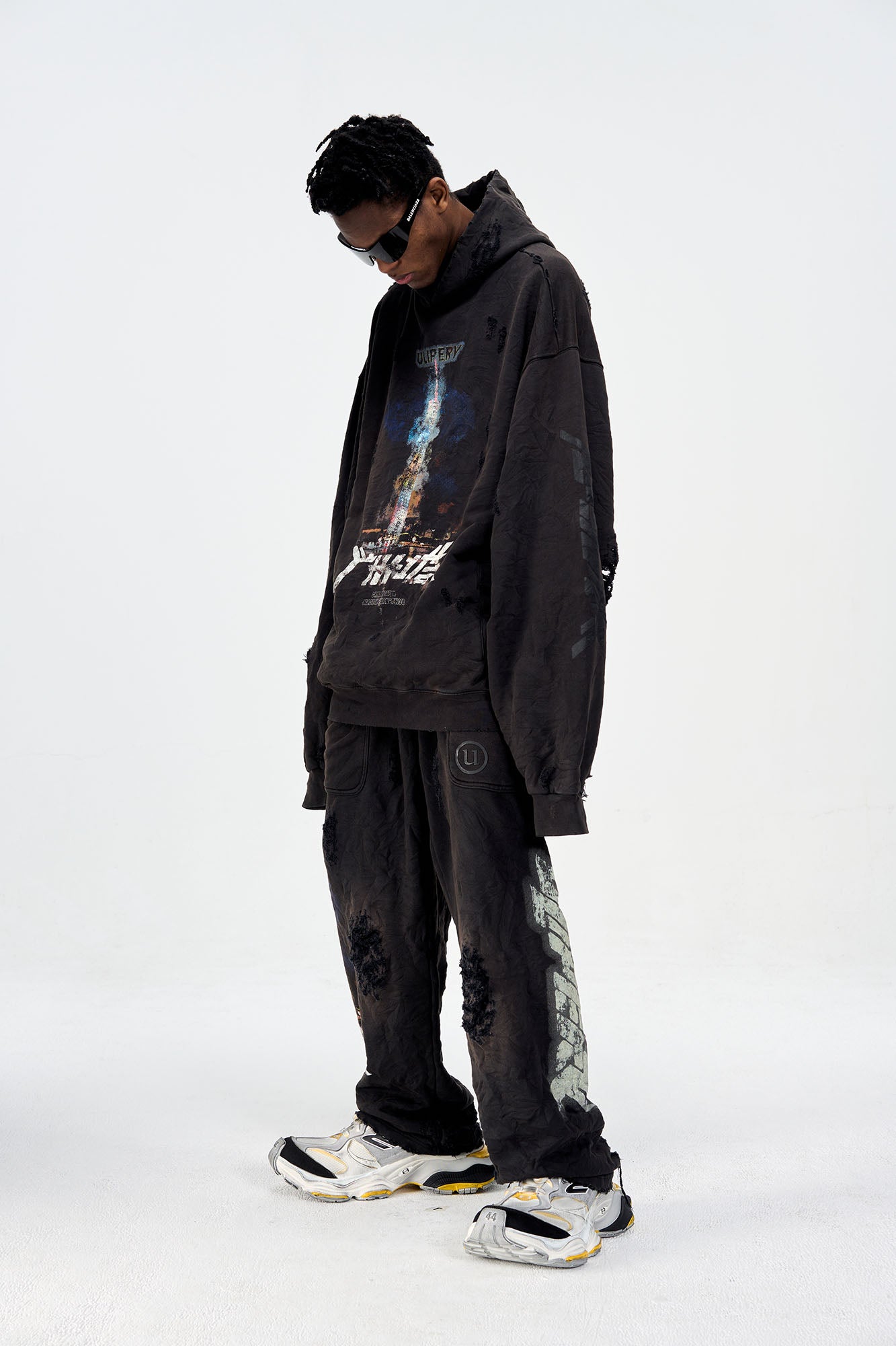 ULIPERY Distressed Glow Crinkled Hoodie