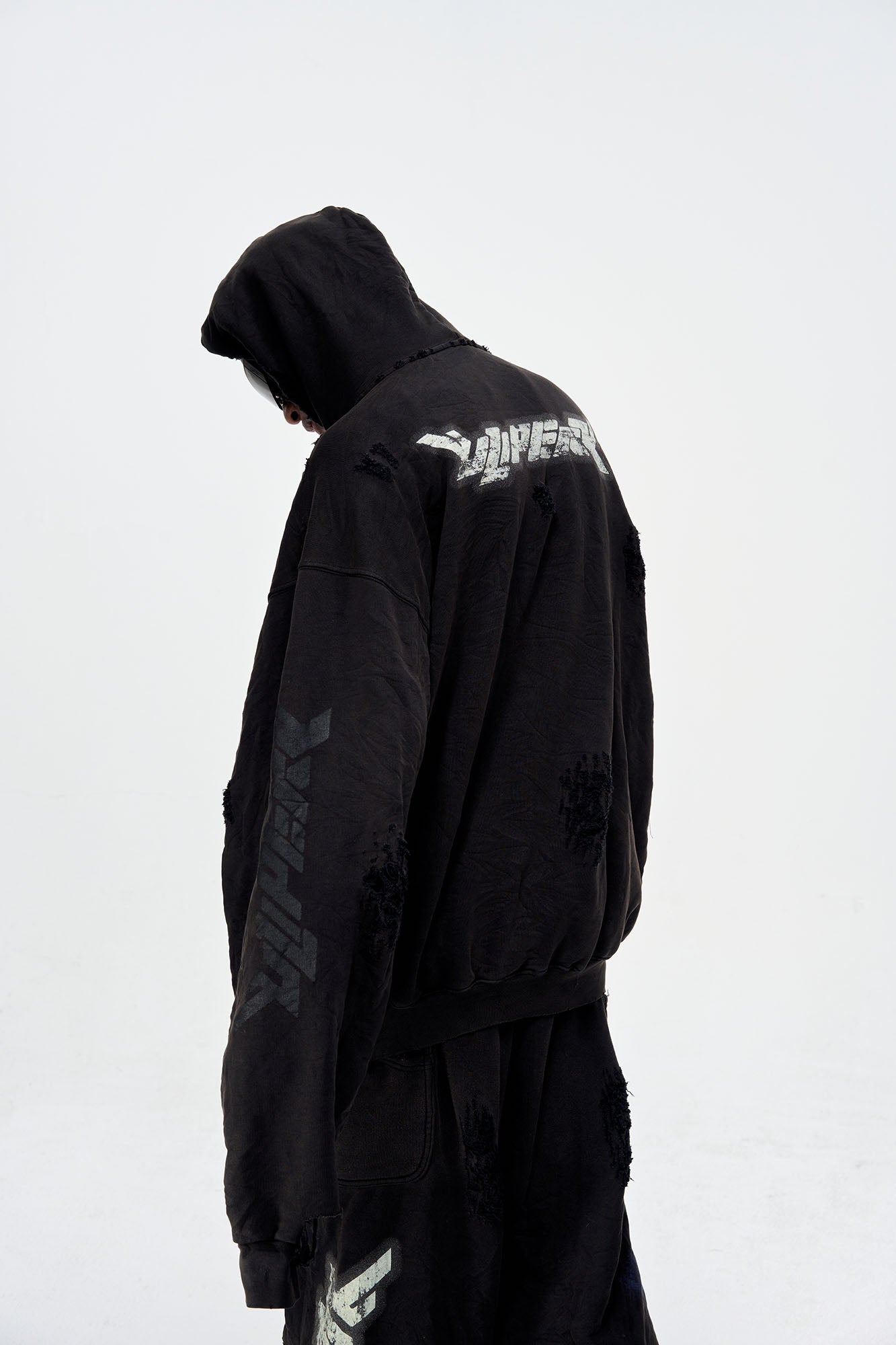 ULIPERY Distressed Glow Crinkled Hoodie