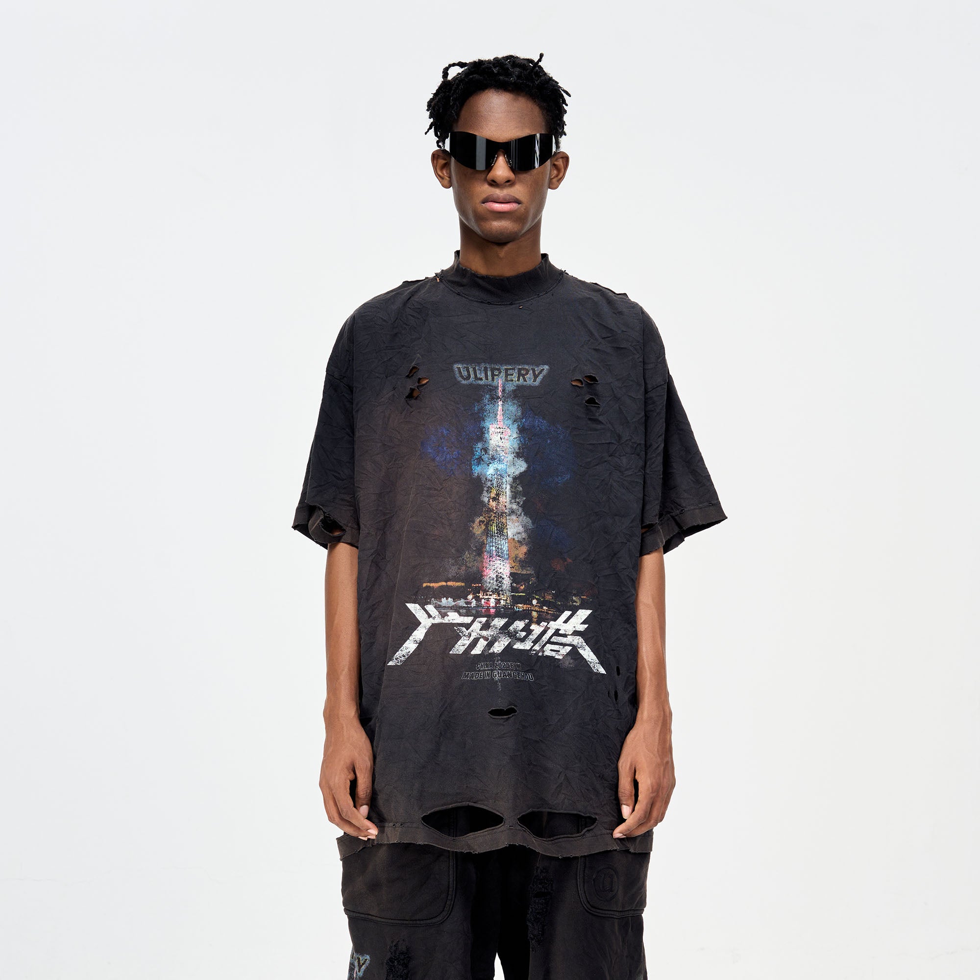 ULIPERY Distressed Glow Crinkled T-Shirt