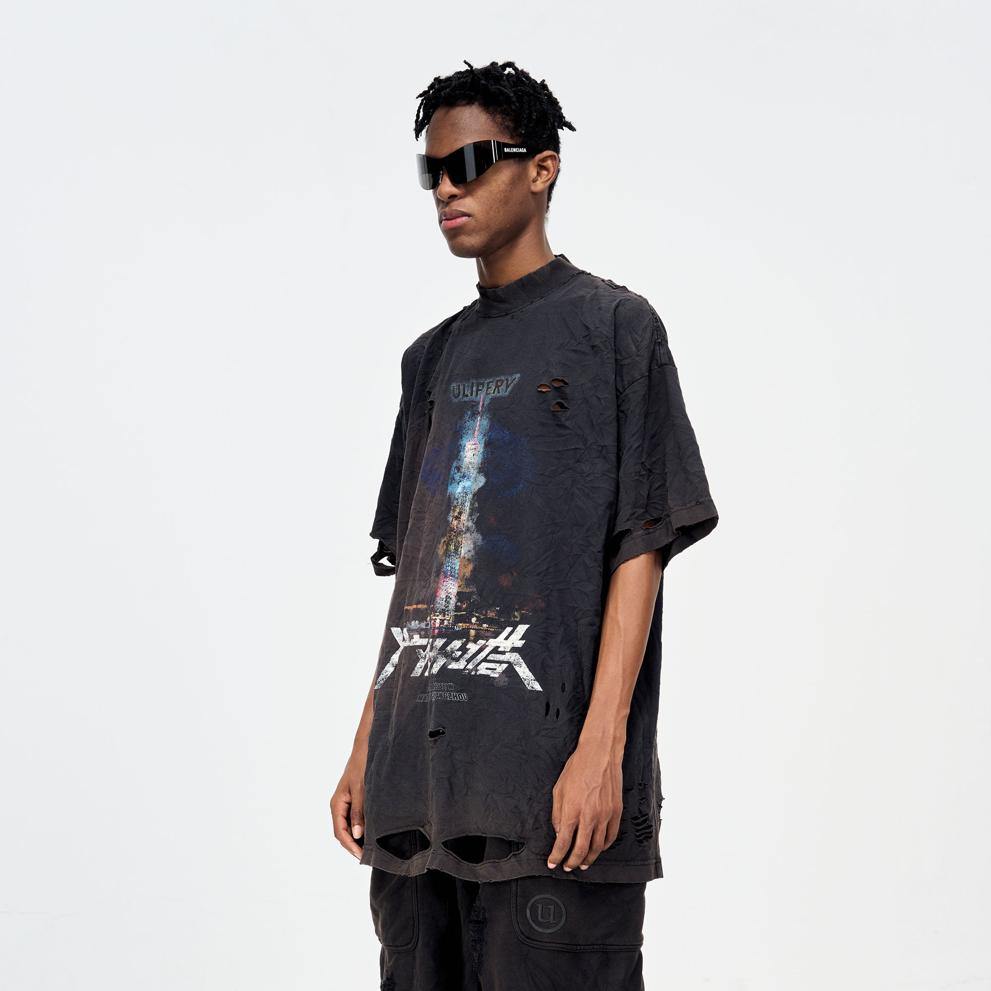 ULIPERY Distressed Glow Crinkled T-Shirt