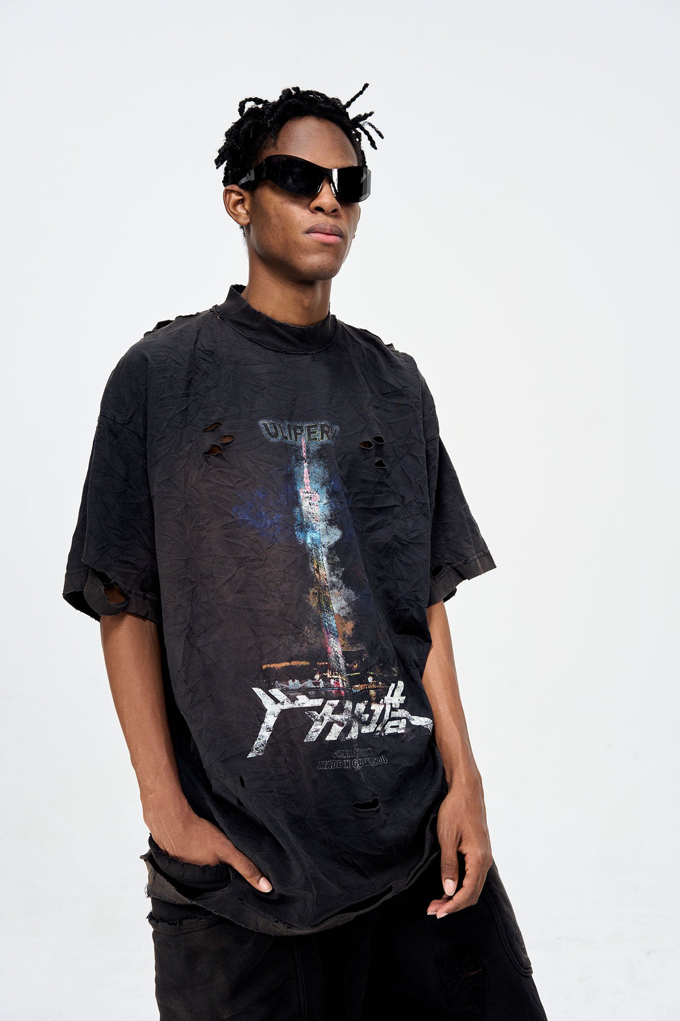 ULIPERY Distressed Glow Crinkled T-Shirt