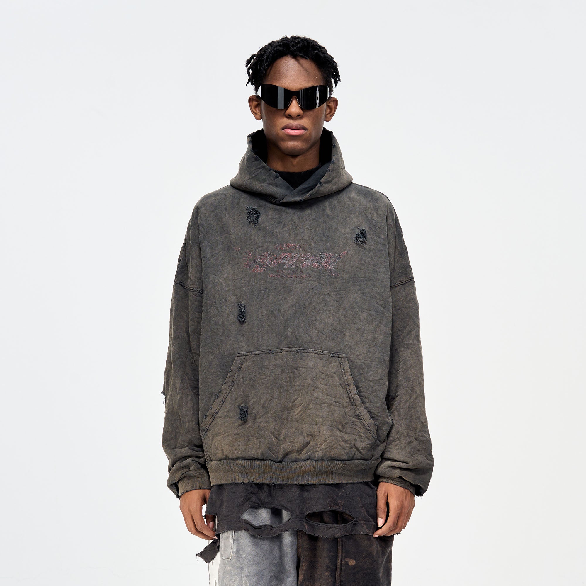 ULIPERY Dirty Fit Distressed Crinkled Hoodie Black